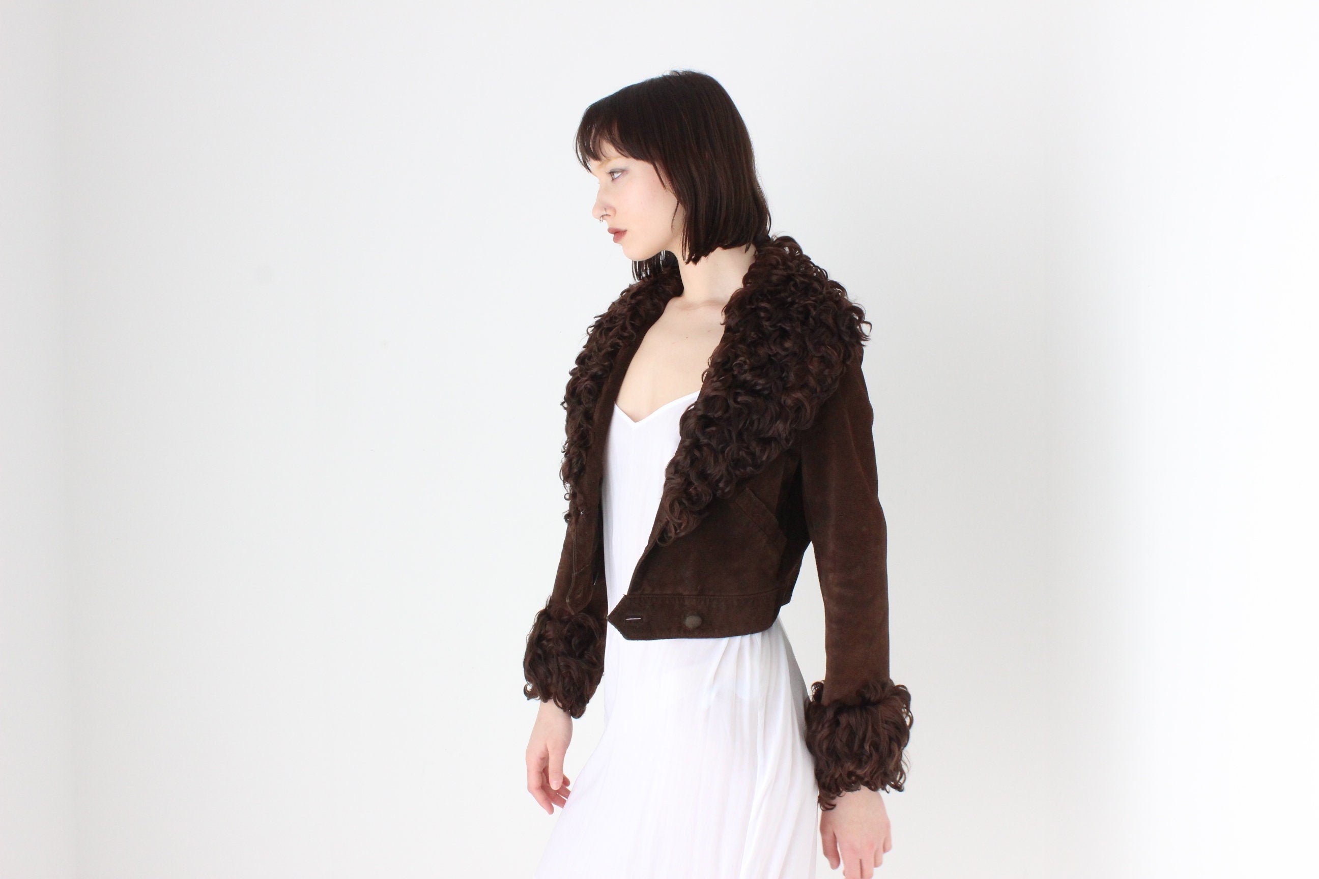 70s {Suede & Afghan Goat Fur} Chocolate Brown Cropped Jacket