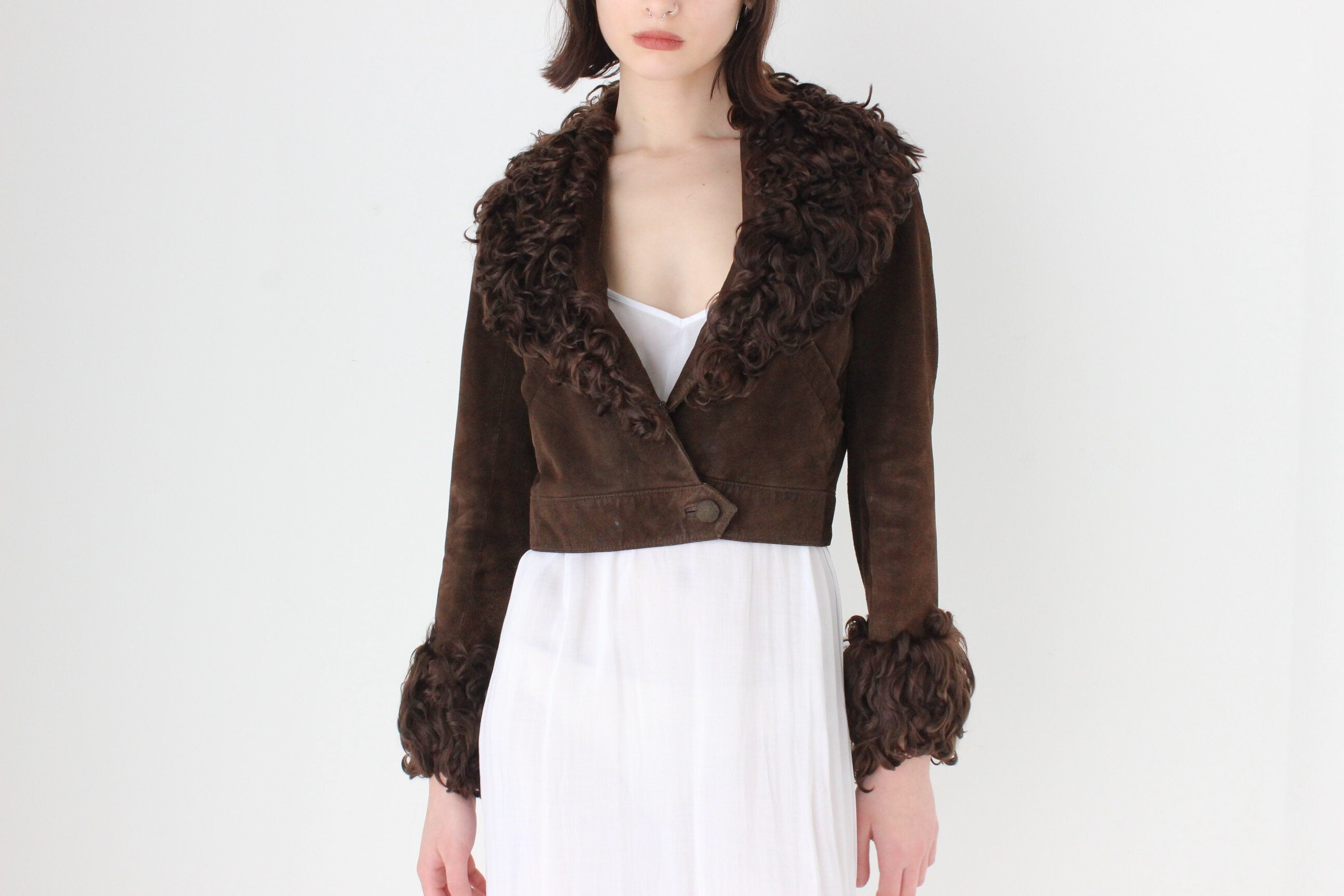 70s {Suede & Afghan Goat Fur} Chocolate Brown Cropped Jacket