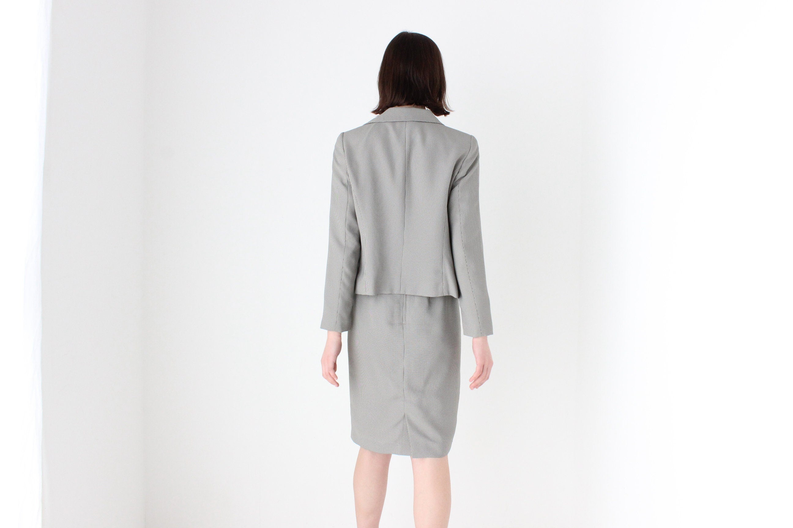 90s Houndstooth Check Sexy Professional Fitted Two Piece Skirt Suit