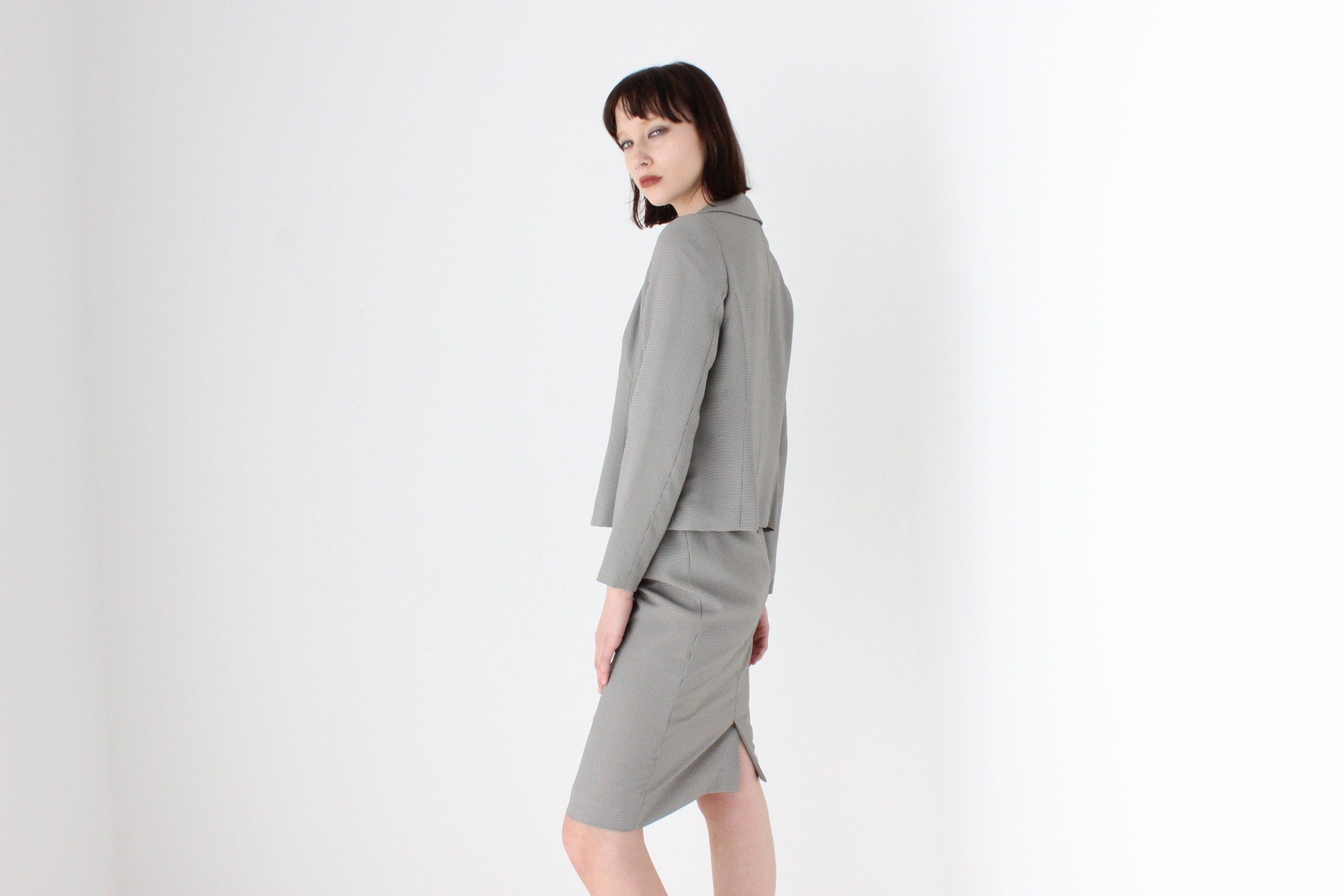 90s Houndstooth Check Sexy Professional Fitted Two Piece Skirt Suit