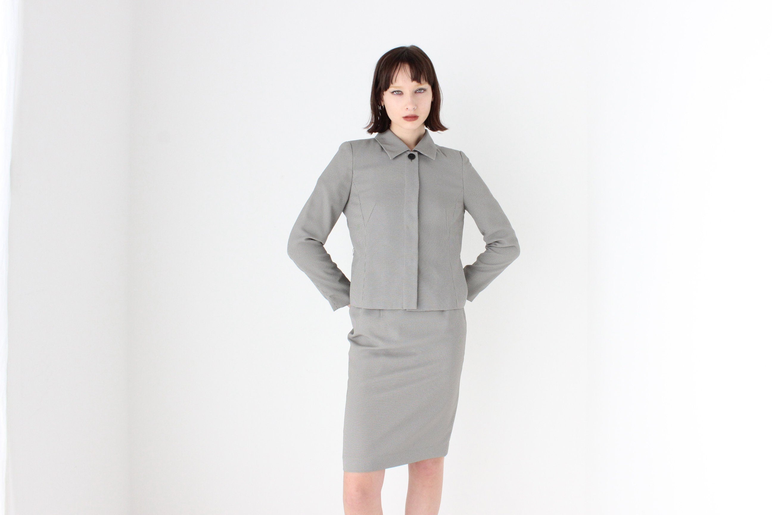 90s Houndstooth Check Sexy Professional Fitted Two Piece Skirt Suit