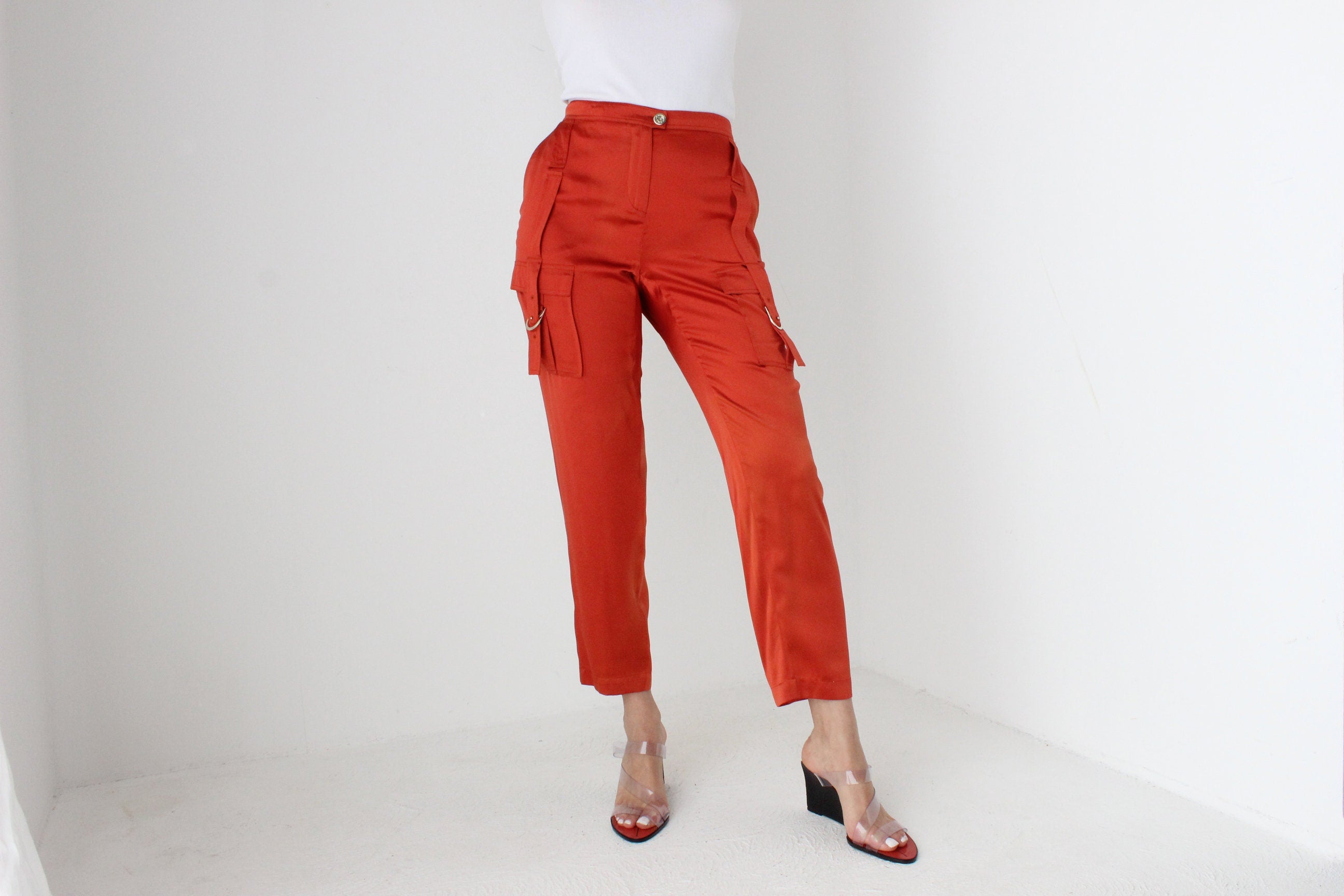 Y2K Roberto Cavalli Pure Silk Cropped Cargo Pocket Pants