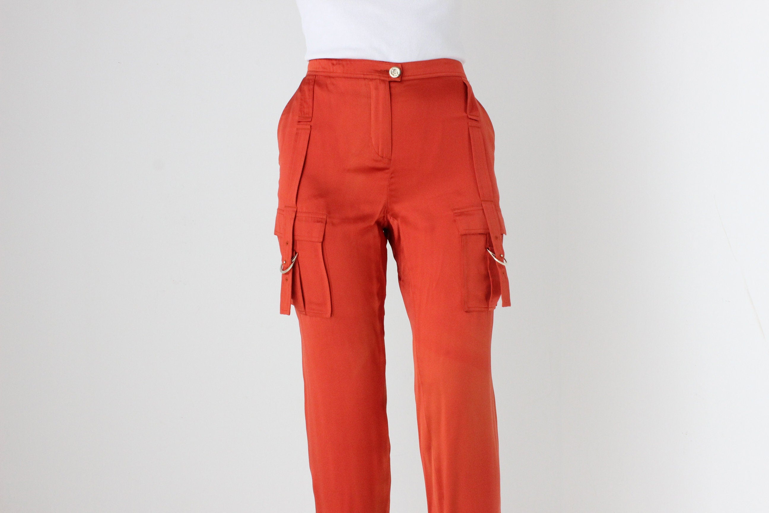 Y2K Roberto Cavalli Pure Silk Cropped Cargo Pocket Pants