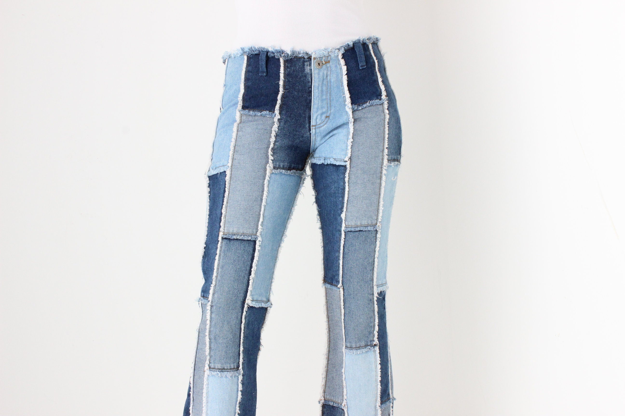 Y2K Frayed Denim Patchwork Cropped Kick Flare Jeans By Zana Di