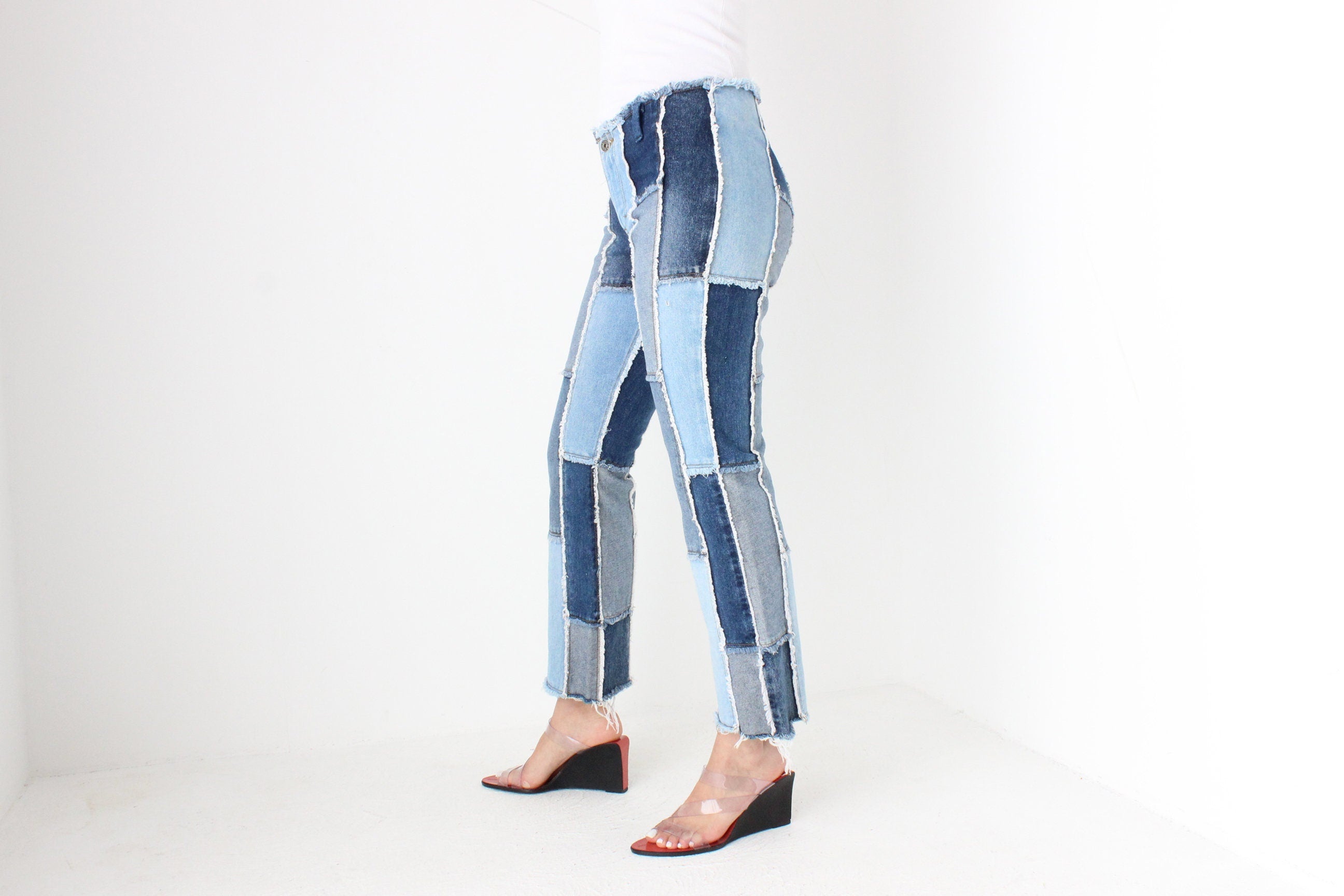 Y2K Frayed Denim Patchwork Cropped Kick Flare Jeans By Zana Di