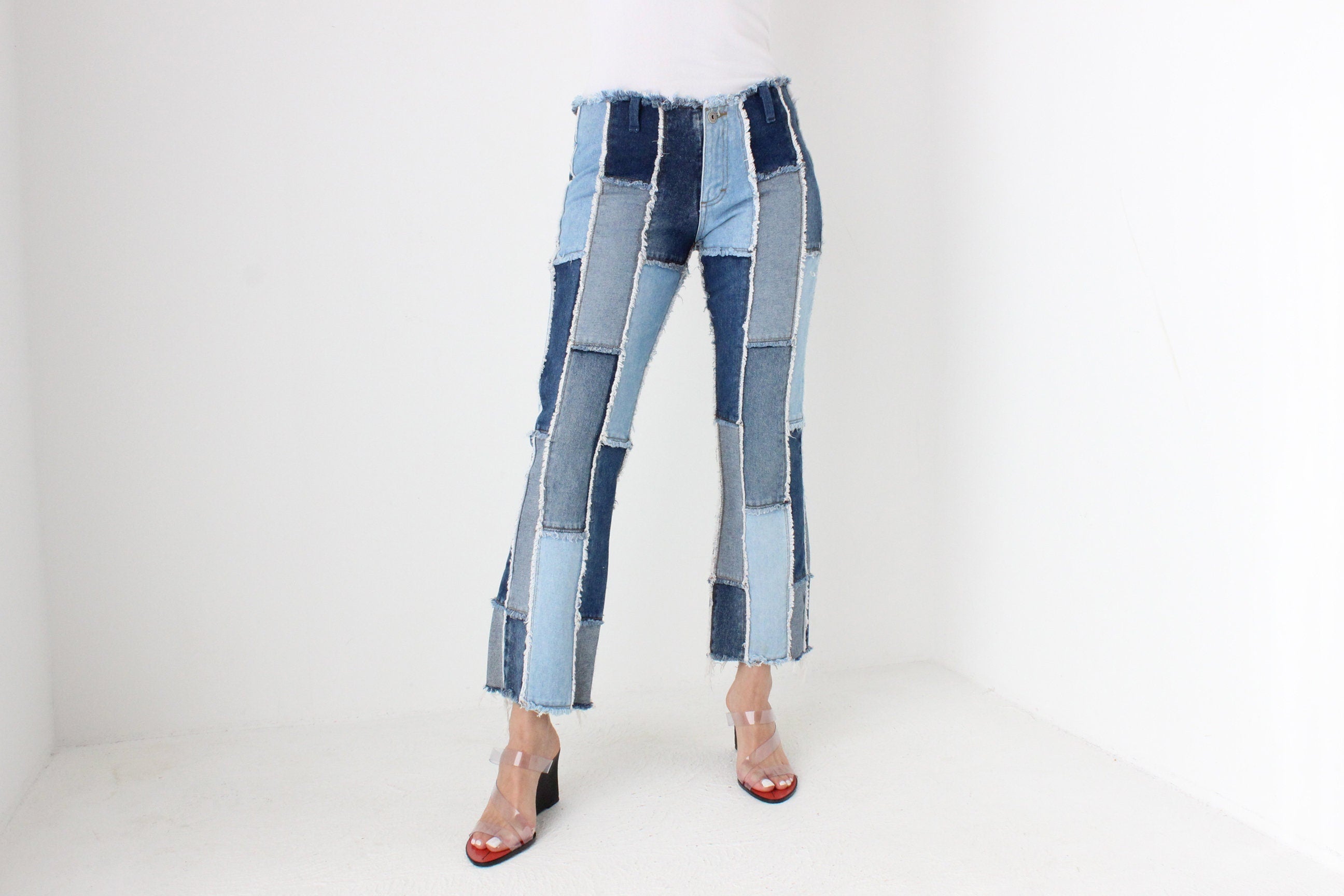 Y2K Frayed Denim Patchwork Cropped Kick Flare Jeans By Zana Di
