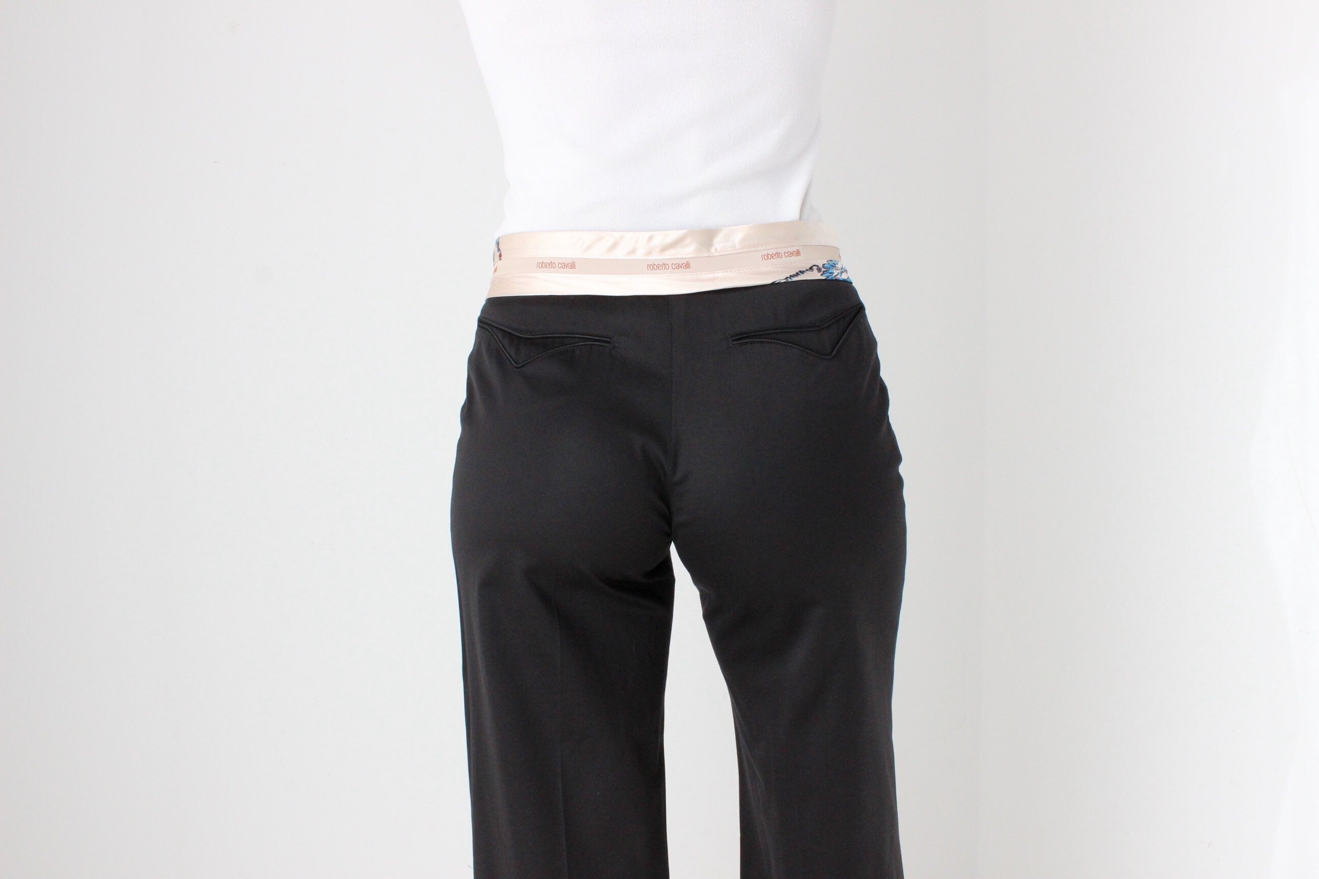 Y2K ROBERTO CAVALLI Black Wide Leg Pants w/ Silk Cummerbund