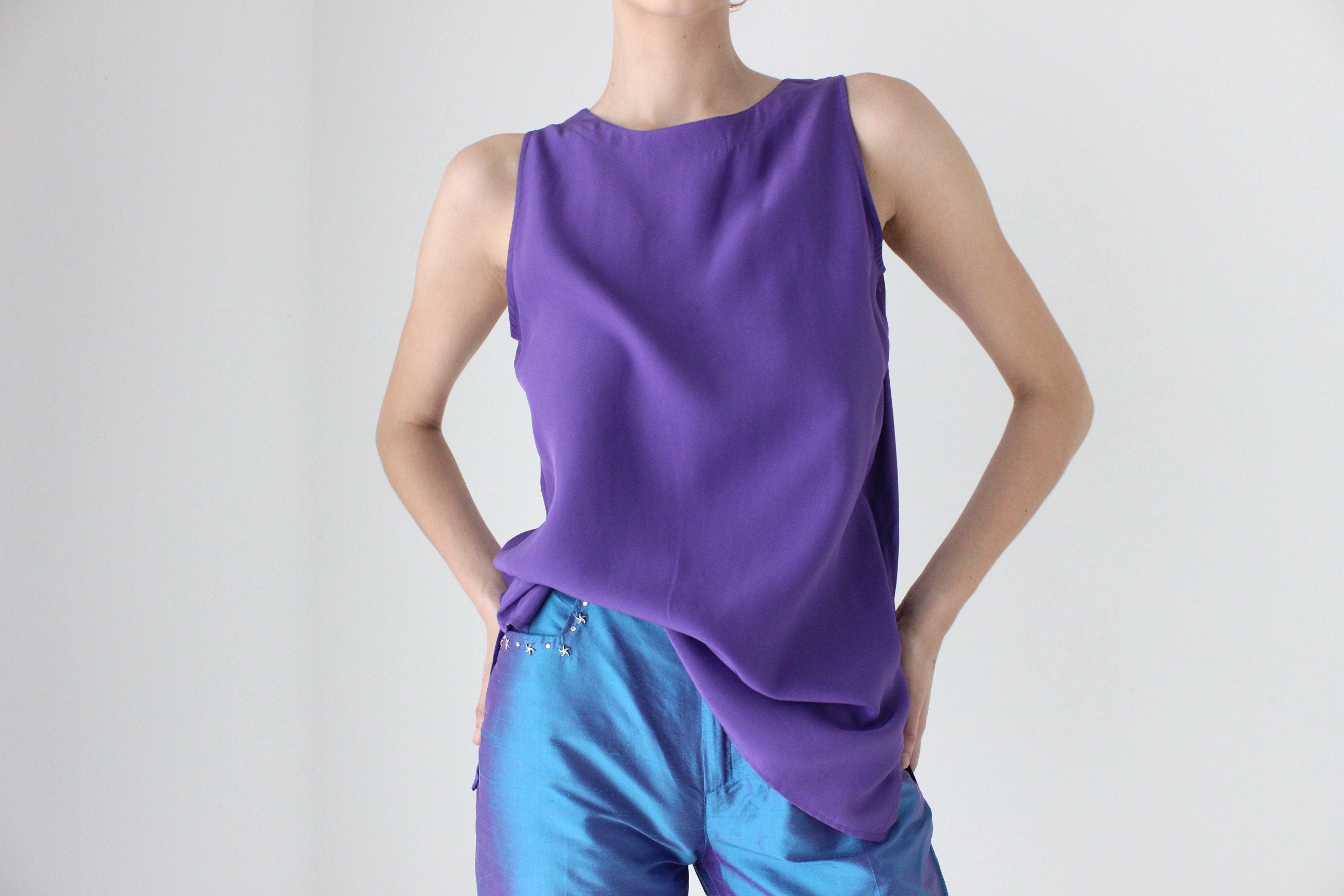 90s Pure Silk Sleeveless Tank Top in Matte Purple