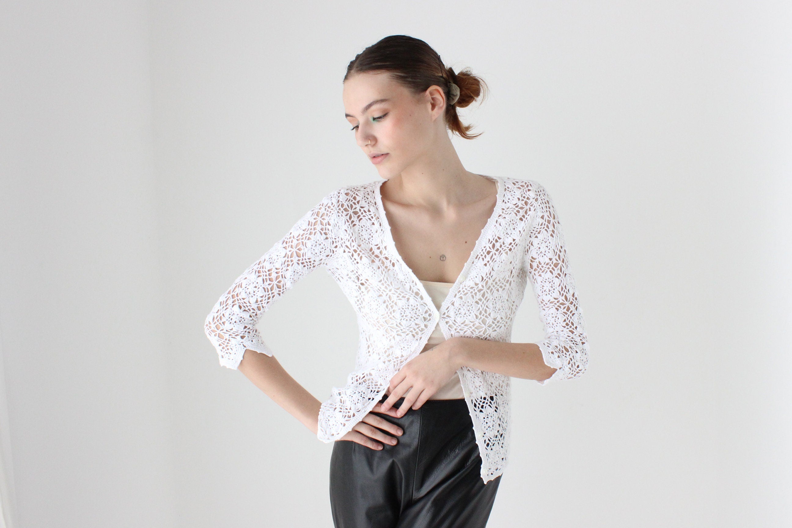 90s Cotton Crochet Button Up Cardi Top