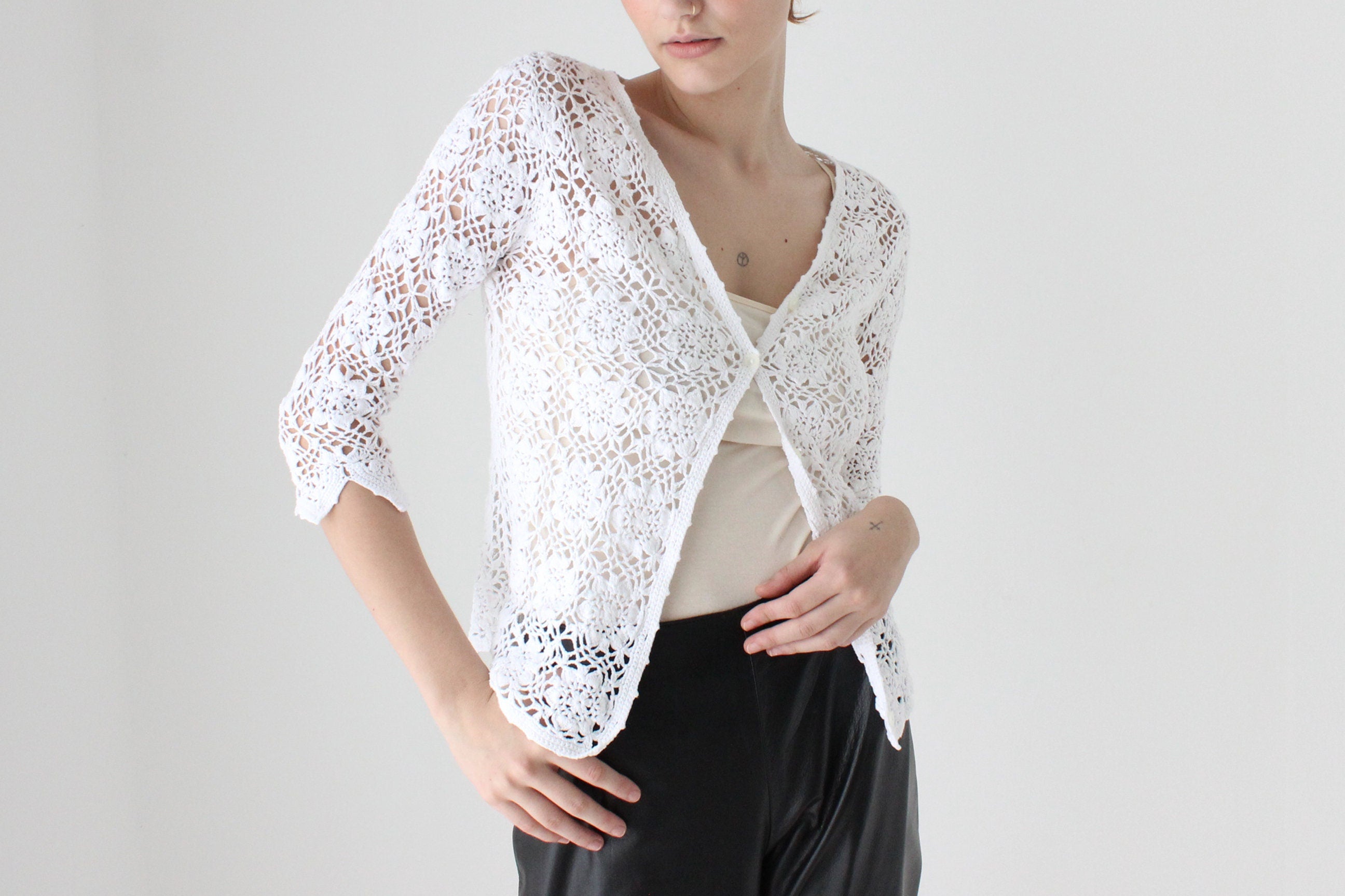 90s Cotton Crochet Button Up Cardi Top