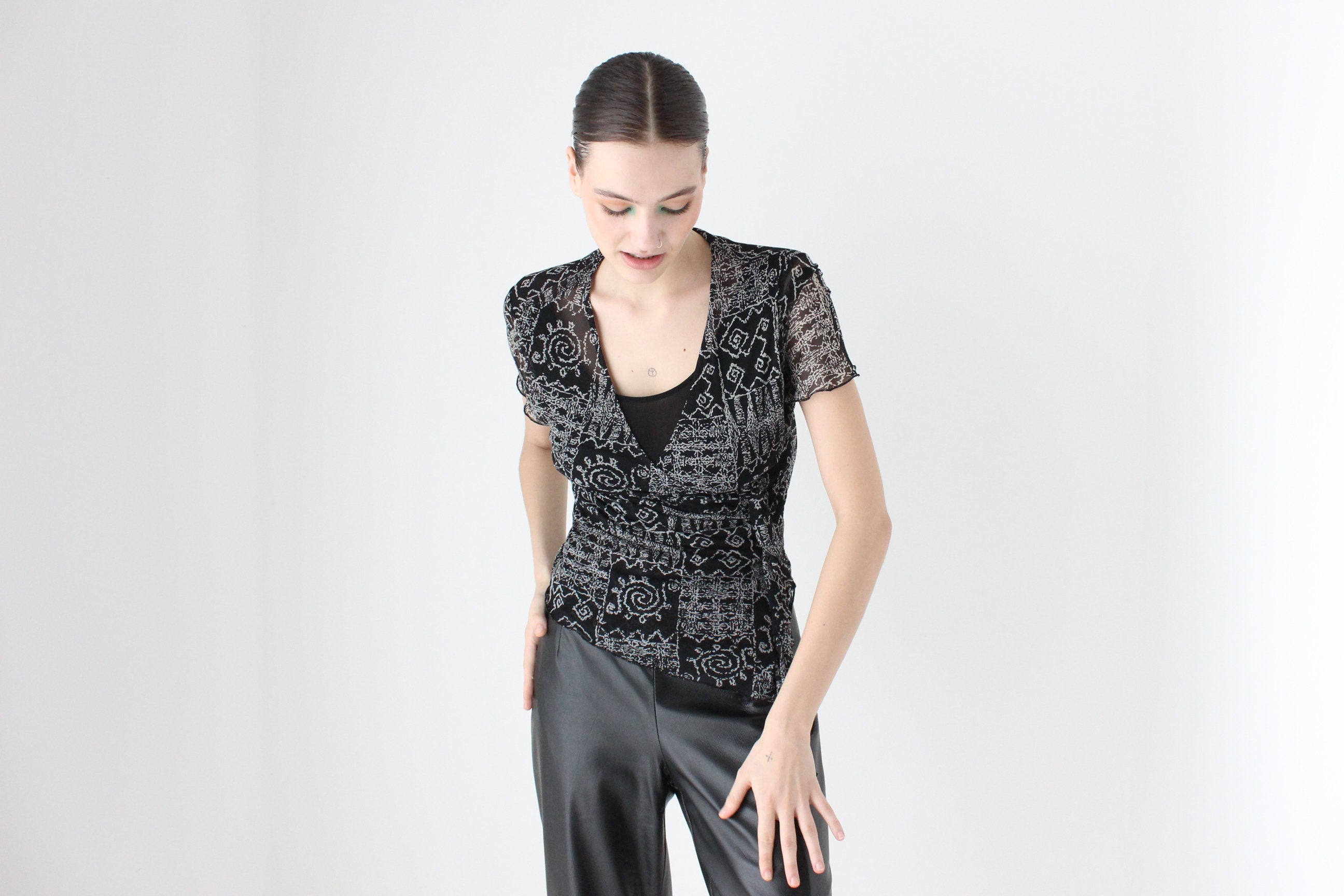 Y2K Abstract Print Mesh Top