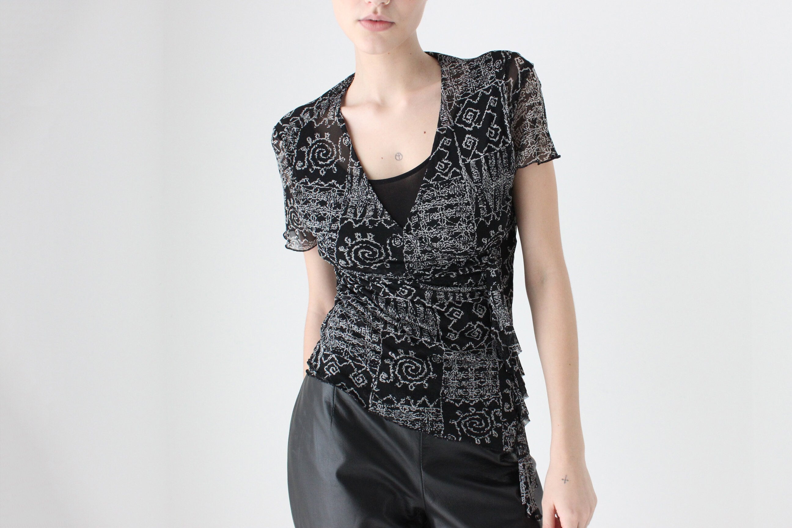 Y2K Abstract Print Mesh Top