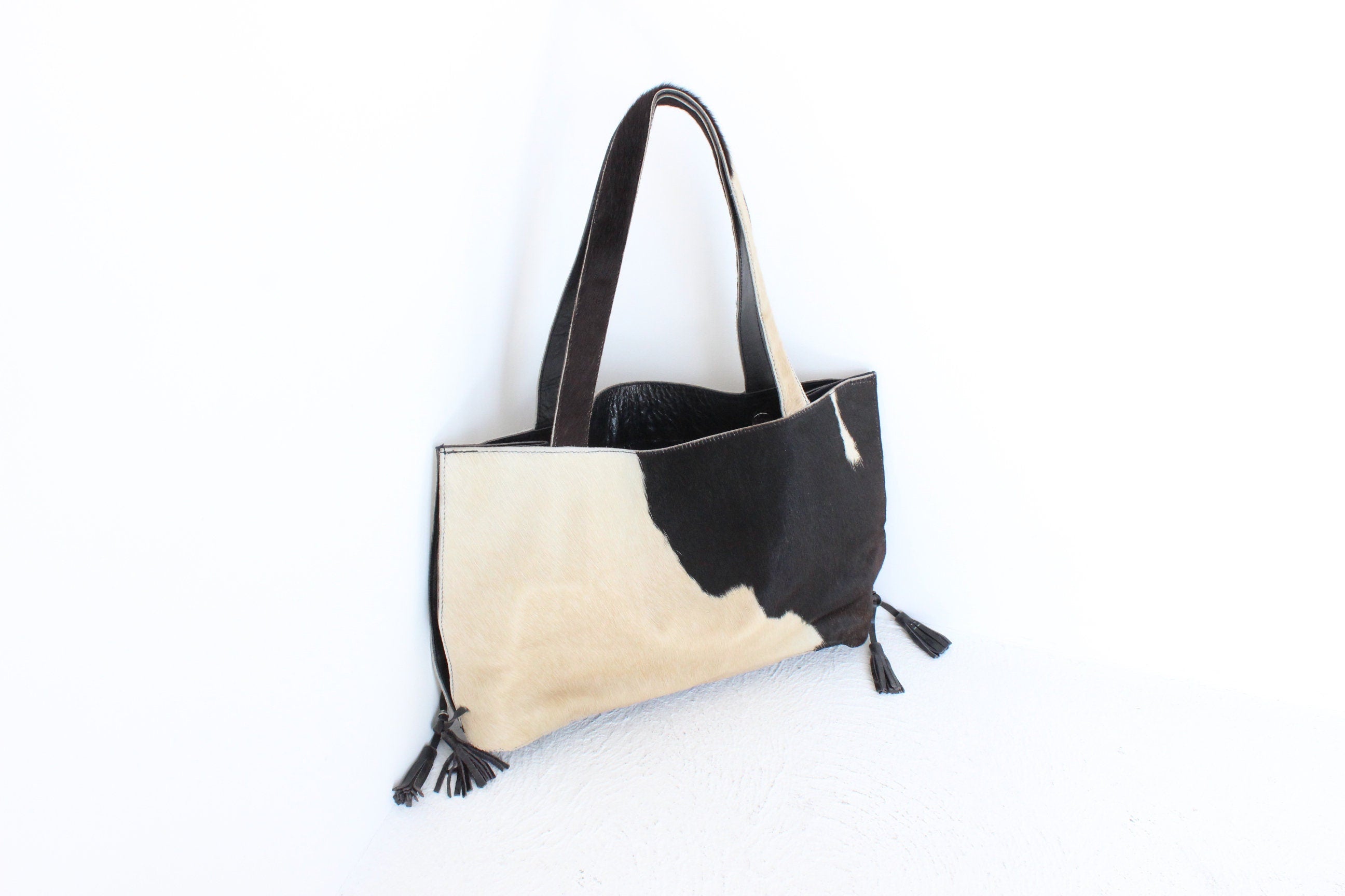 90s Genuine Cow Hide Hand Crafted Large Leather Tote Bag