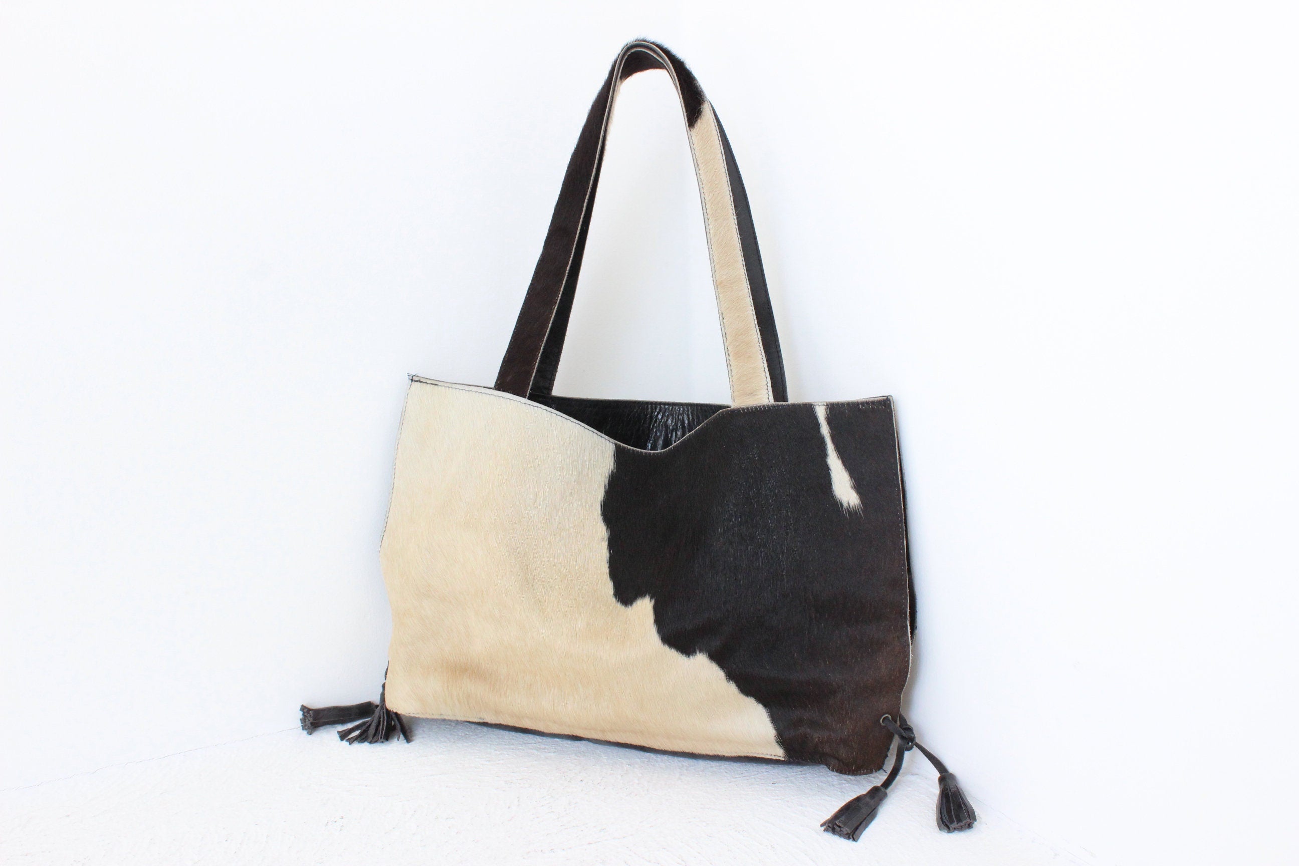 90s Genuine Cow Hide Hand Crafted Large Leather Tote Bag