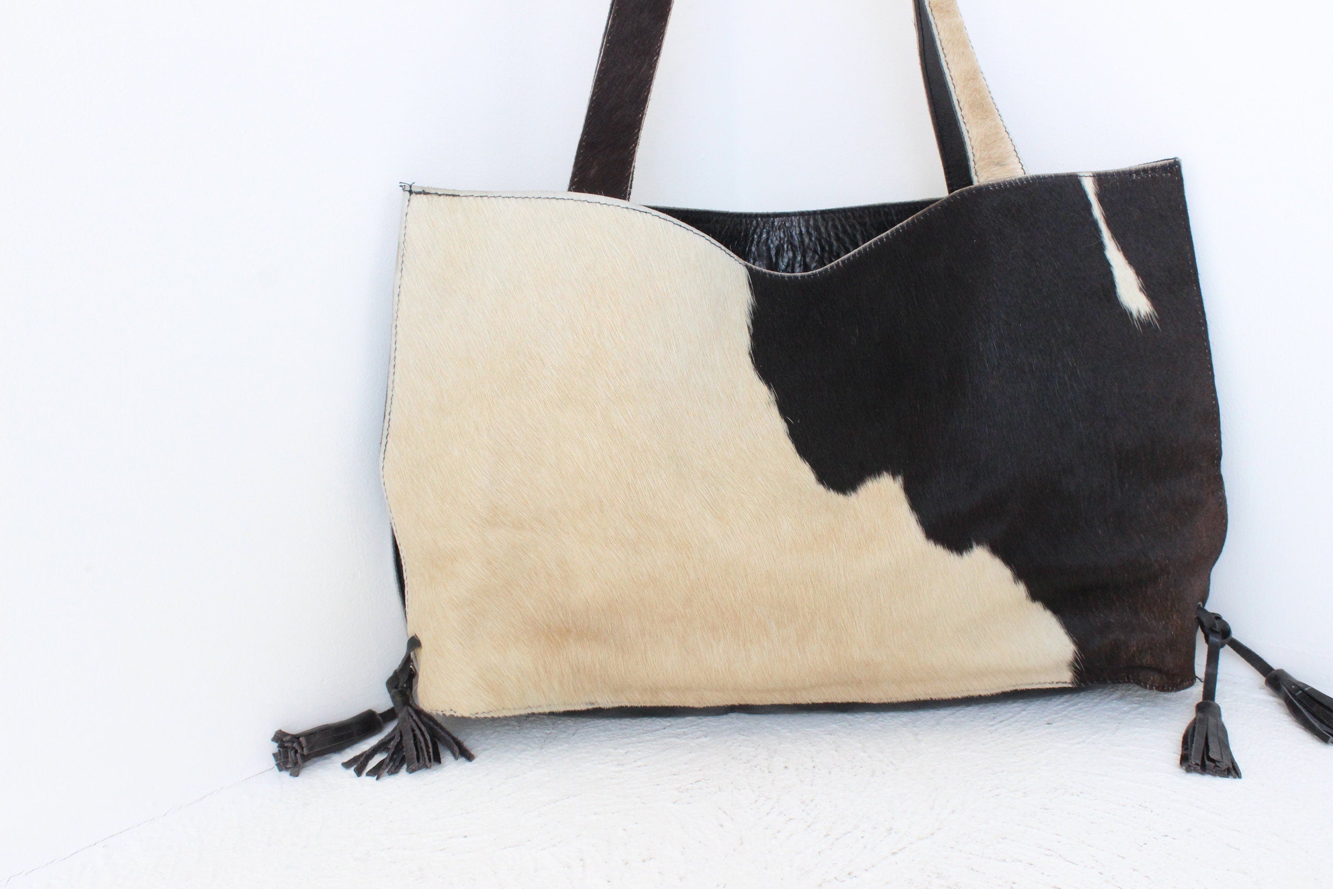 90s Genuine Cow Hide Hand Crafted Large Leather Tote Bag