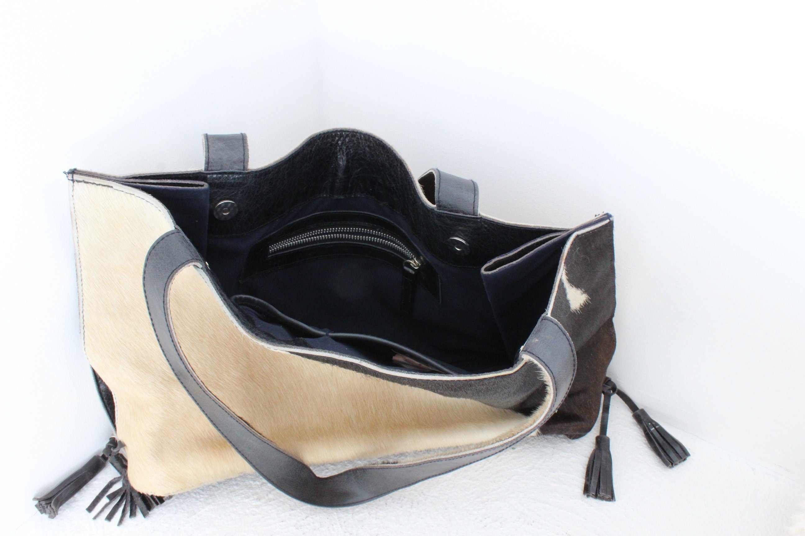 90s Genuine Cow Hide Hand Crafted Large Leather Tote Bag