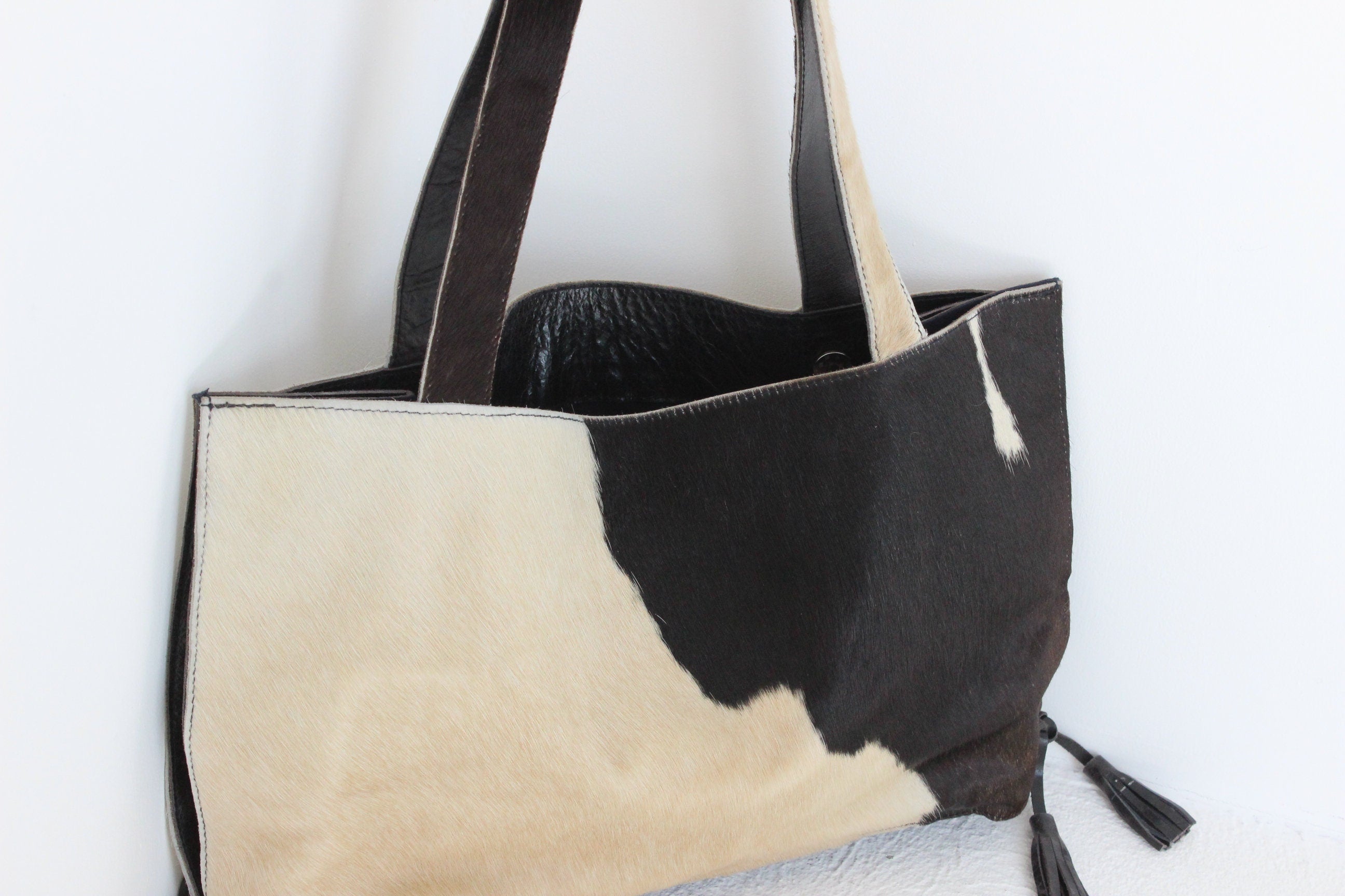 90s Genuine Cow Hide Hand Crafted Large Leather Tote Bag