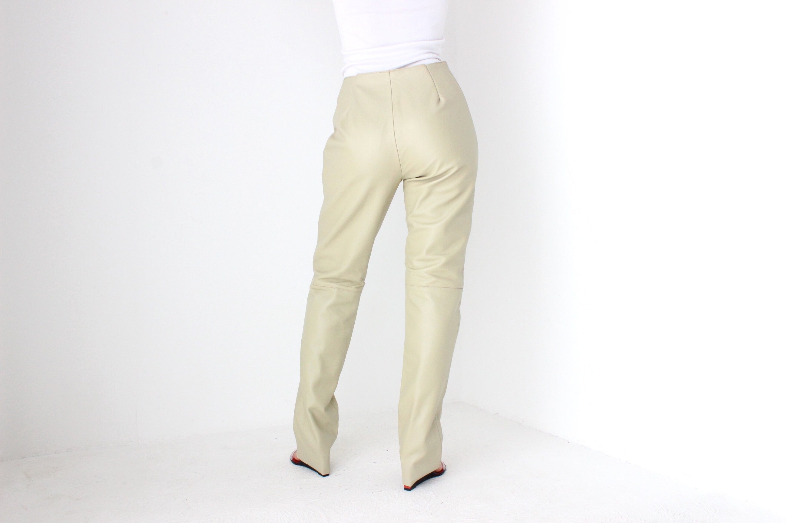 Y2K Neutral Beige Vinyl High Waist Bootcut Pants