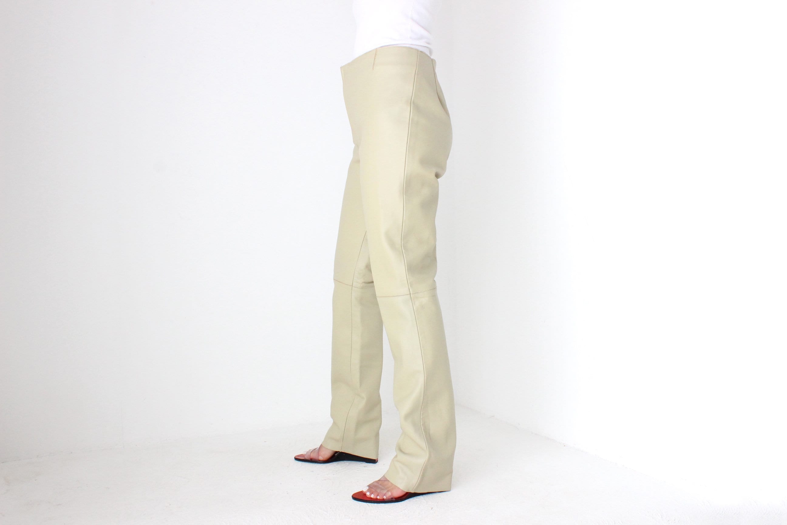 Y2K Neutral Beige Vinyl High Waist Bootcut Pants