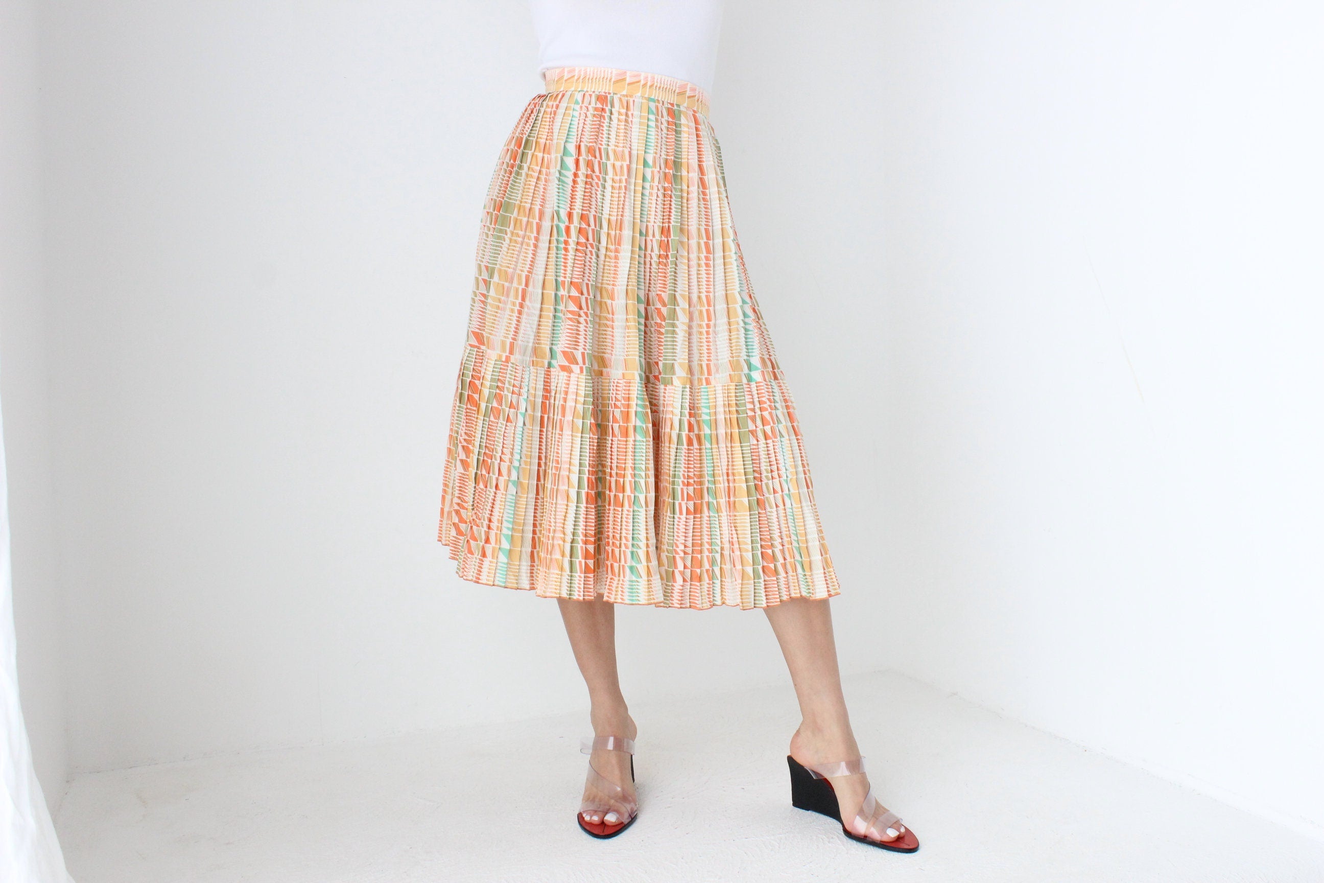 80s Pastel Checked Print Pleated High Waist Skirt