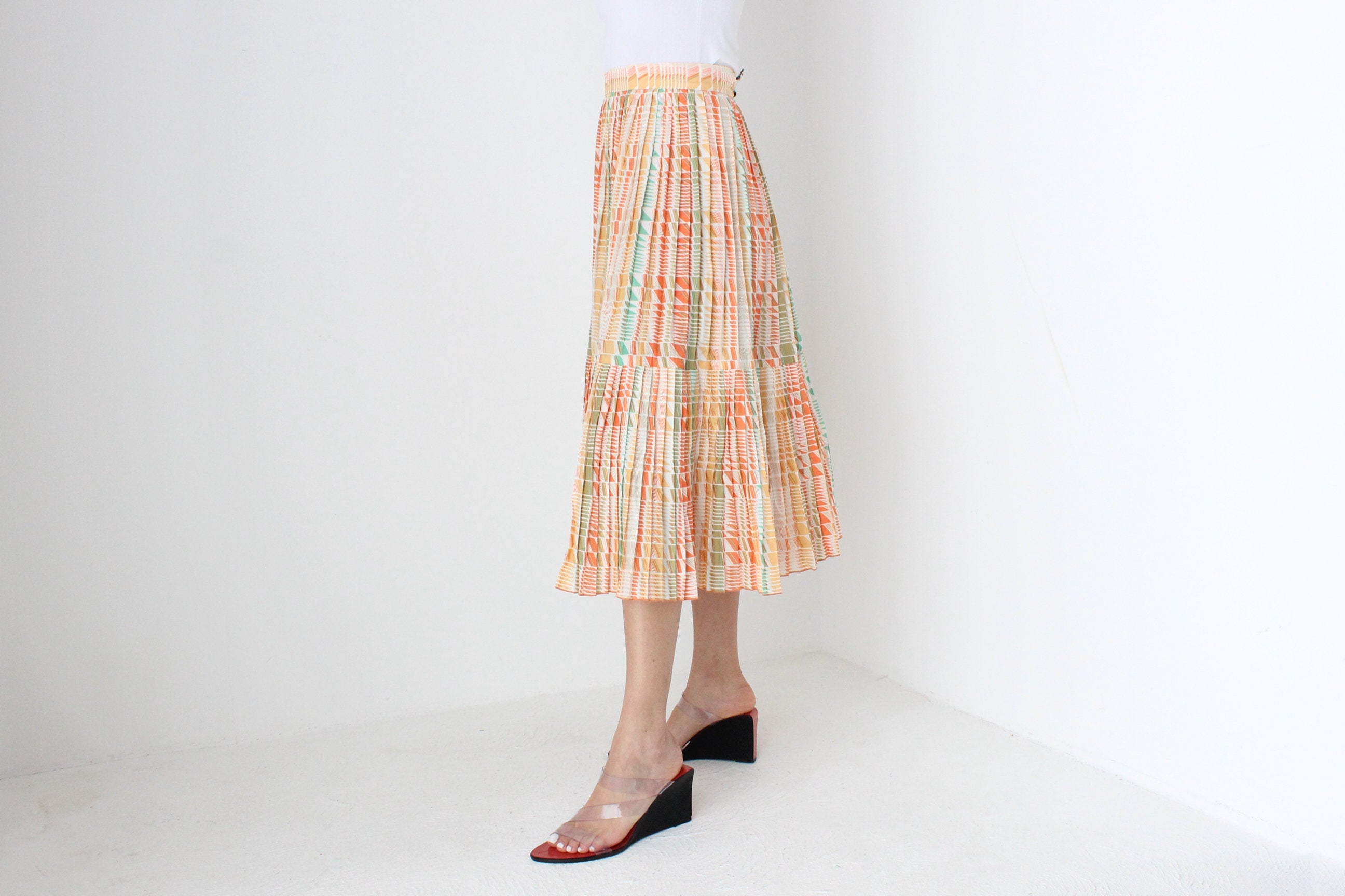 80s Pastel Checked Print Pleated High Waist Skirt