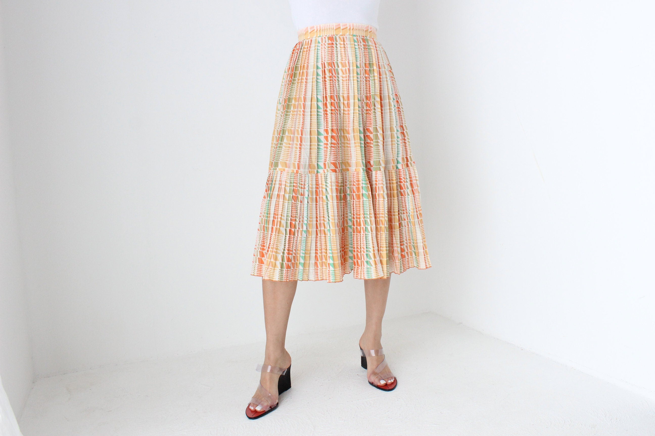 80s Pastel Checked Print Pleated High Waist Skirt