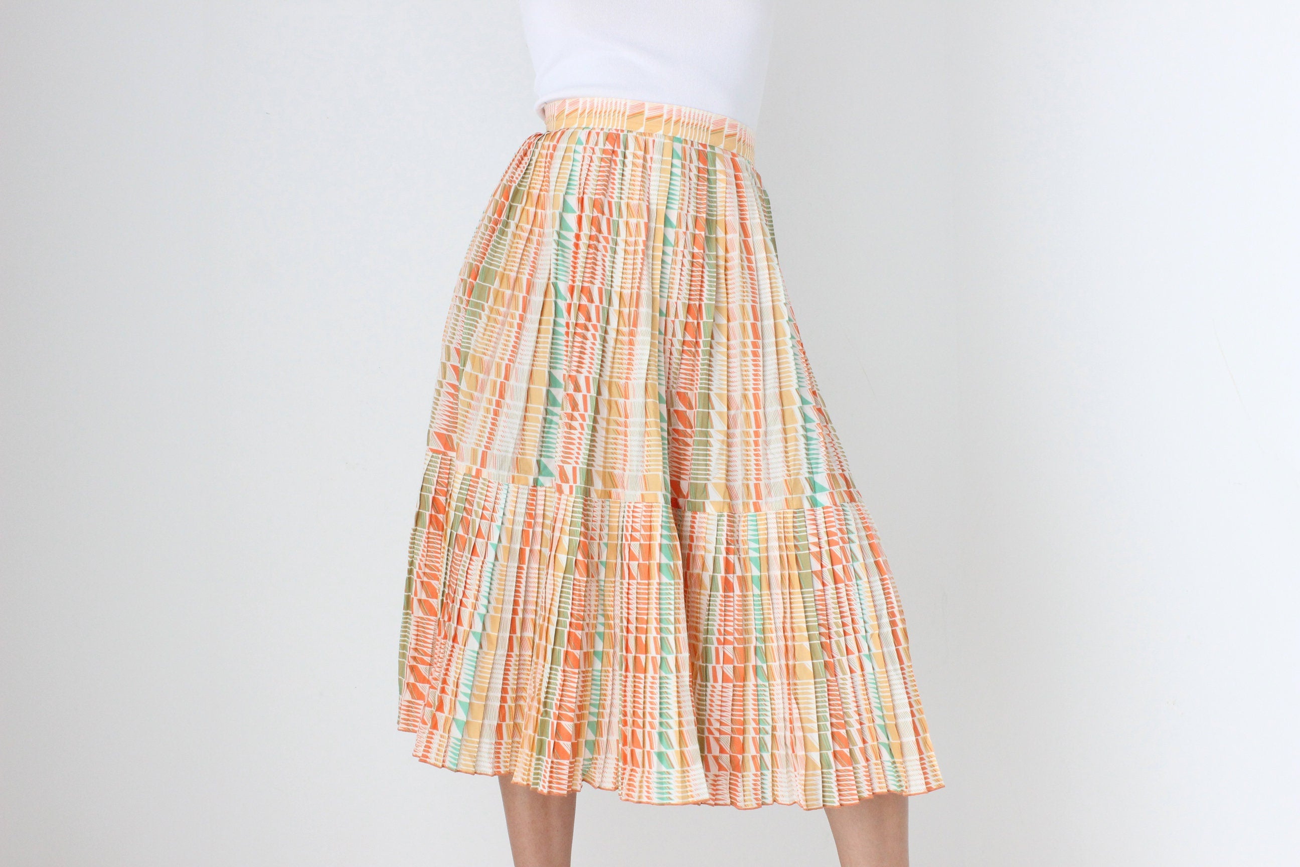 80s Pastel Checked Print Pleated High Waist Skirt