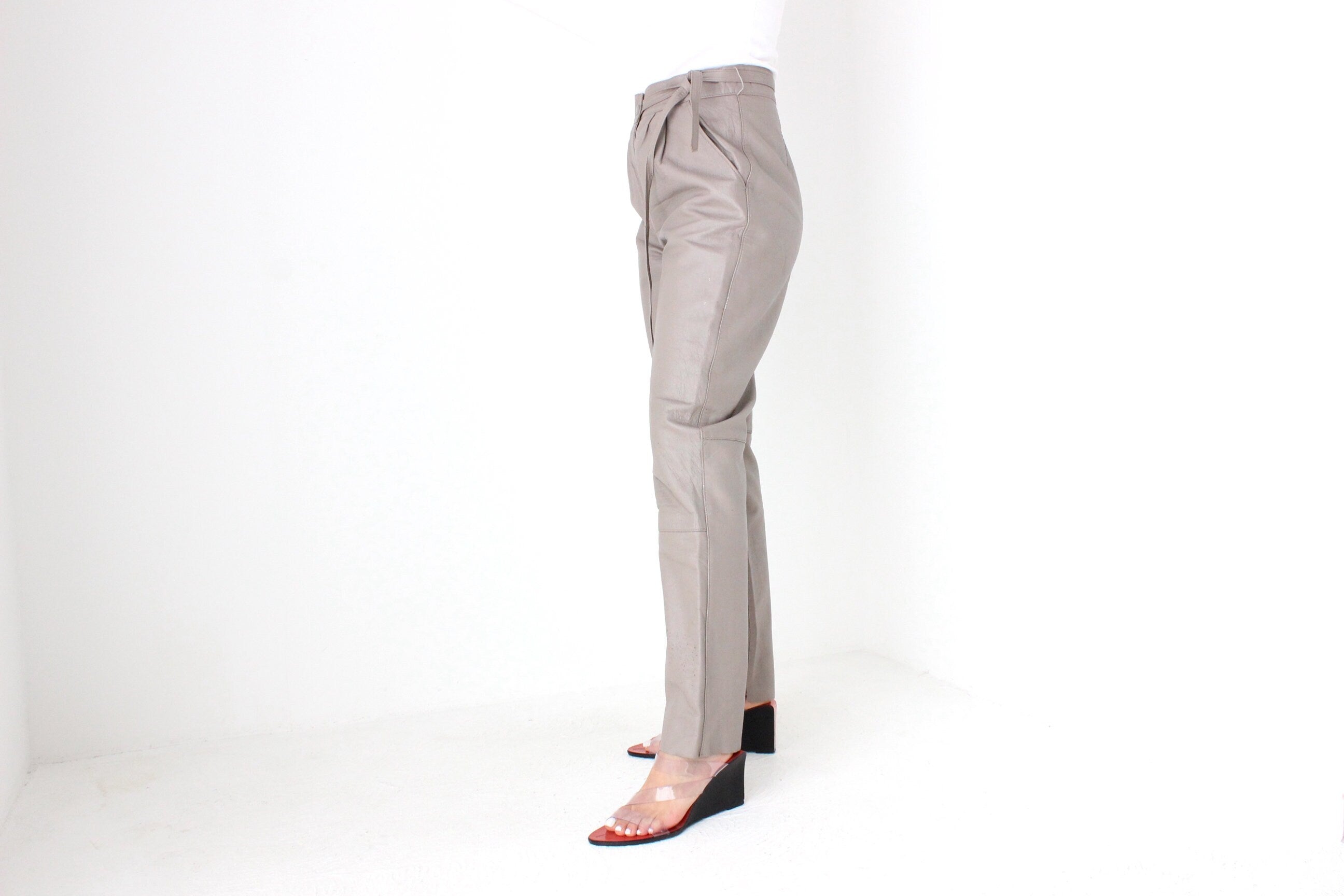 BALLETCORE 80s Dove Grey {Genuine Leather} Pants w/ Waist Tie