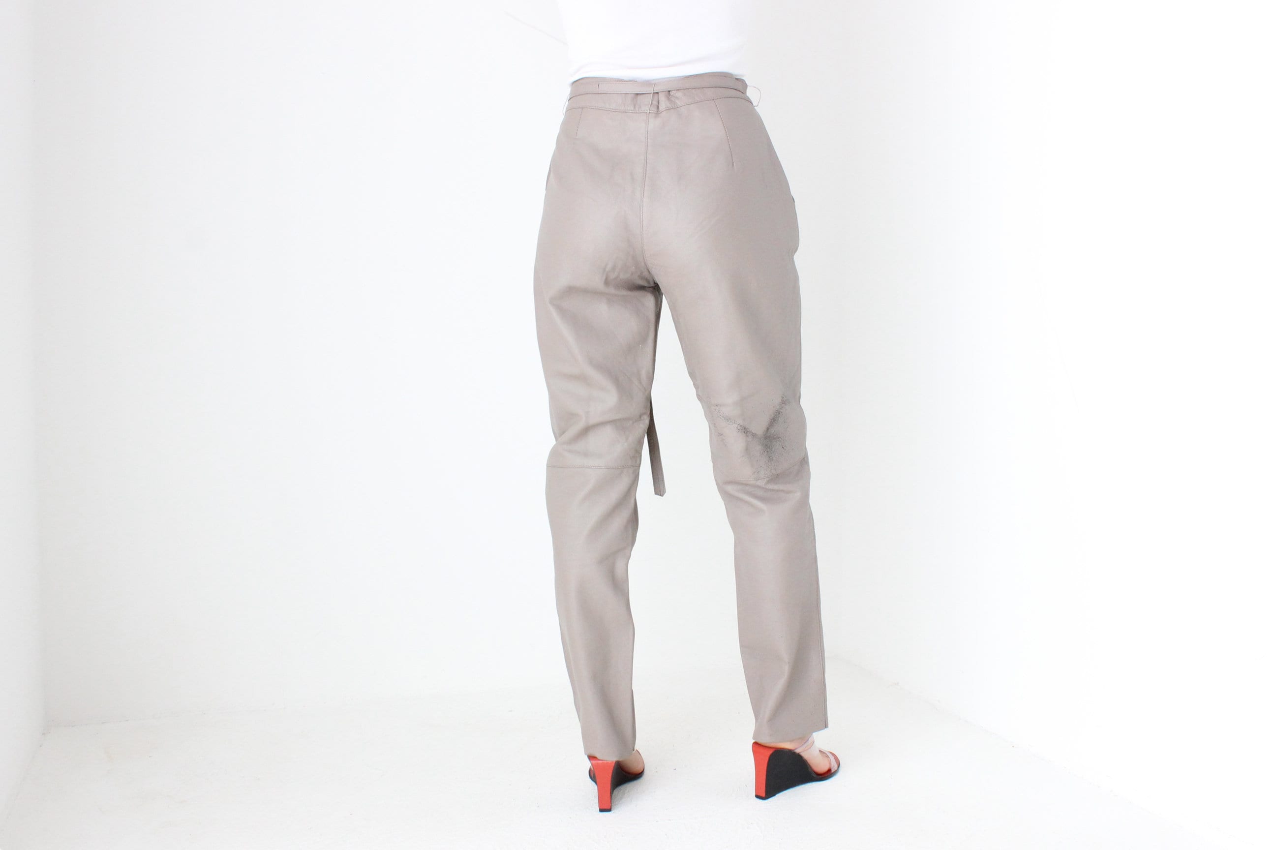 BALLETCORE 80s Dove Grey {Genuine Leather} Pants w/ Waist Tie