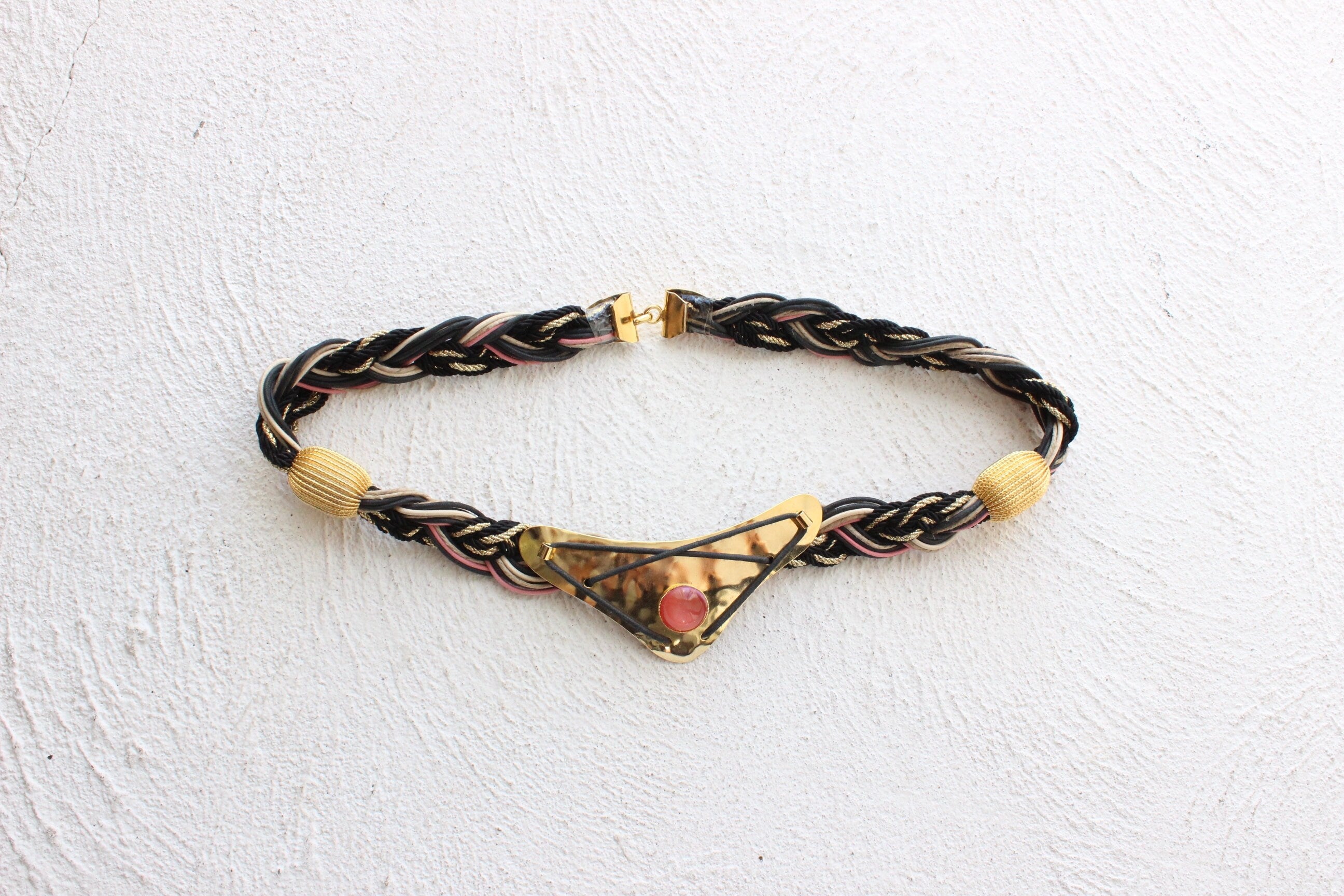 Maximalist 80s Gold Tone Metal & Gemstone Braided Belt