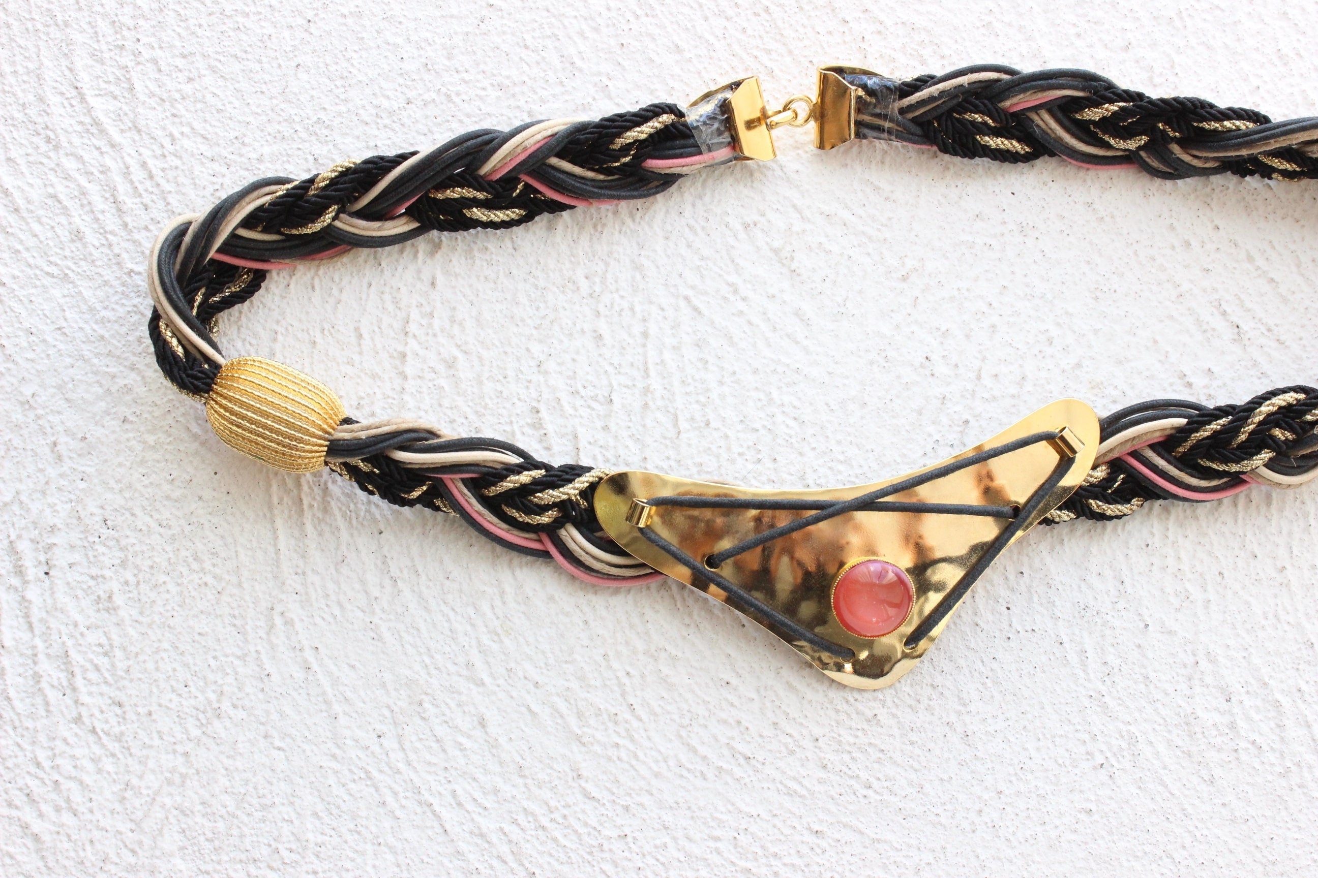 Maximalist 80s Gold Tone Metal & Gemstone Braided Belt