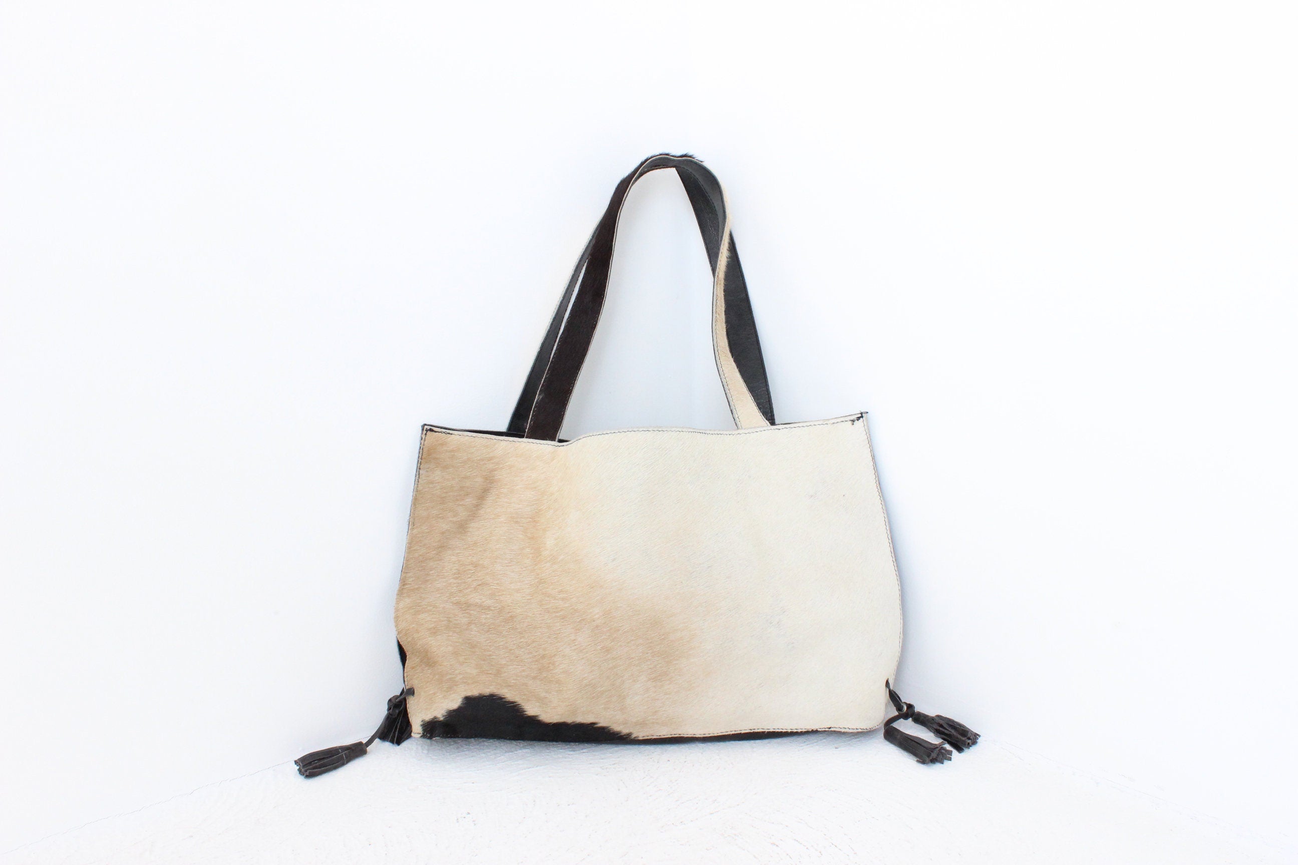 90s Genuine Cow Hide Hand Crafted Large Leather Tote Bag