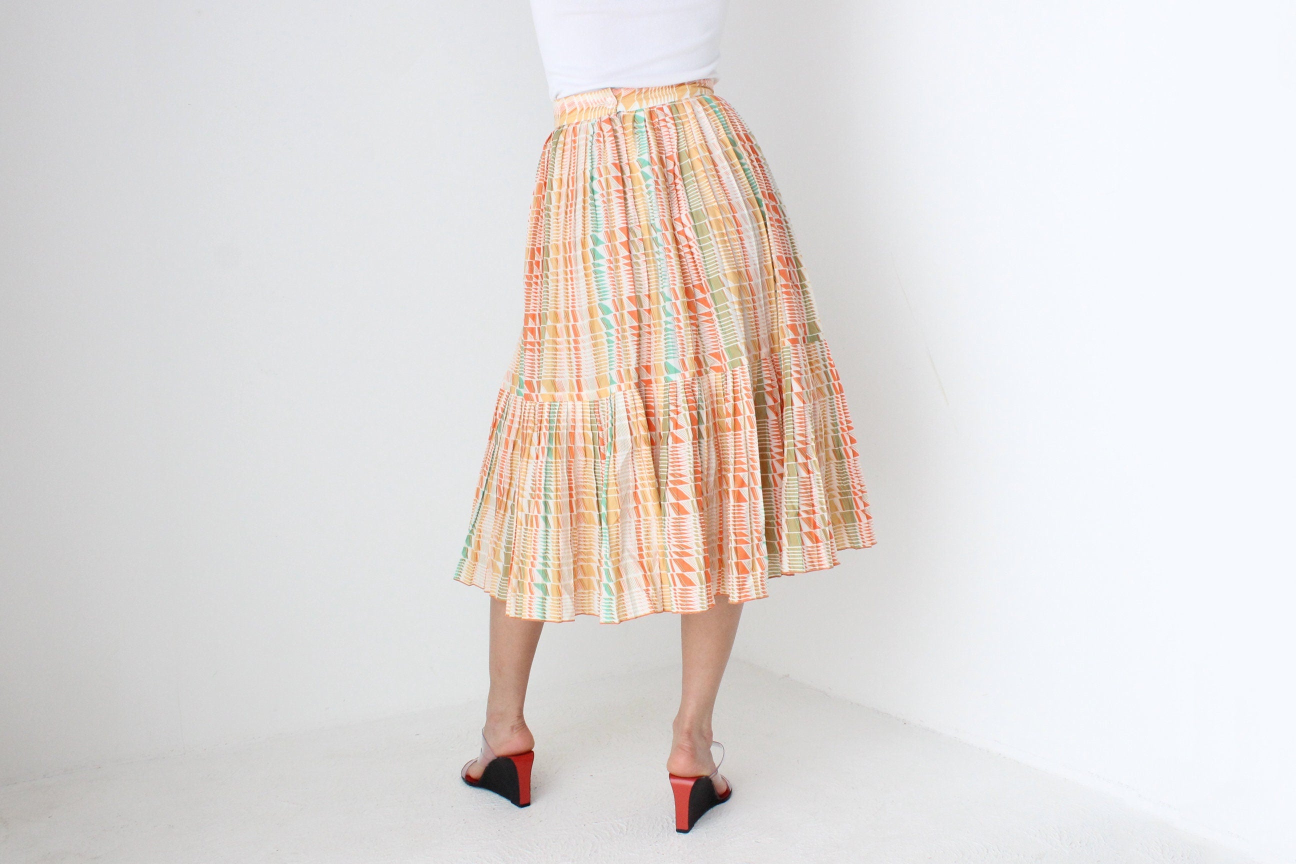 80s Pastel Checked Print Pleated High Waist Skirt