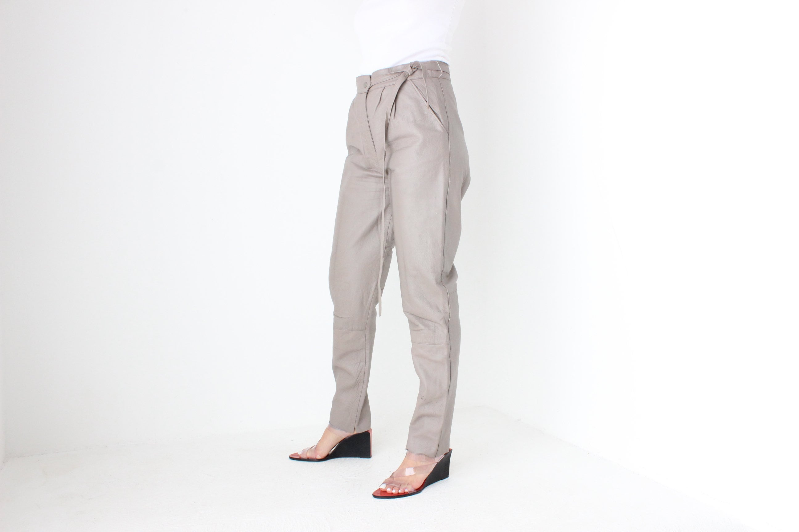 BALLETCORE 80s Dove Grey {Genuine Leather} Pants w/ Waist Tie