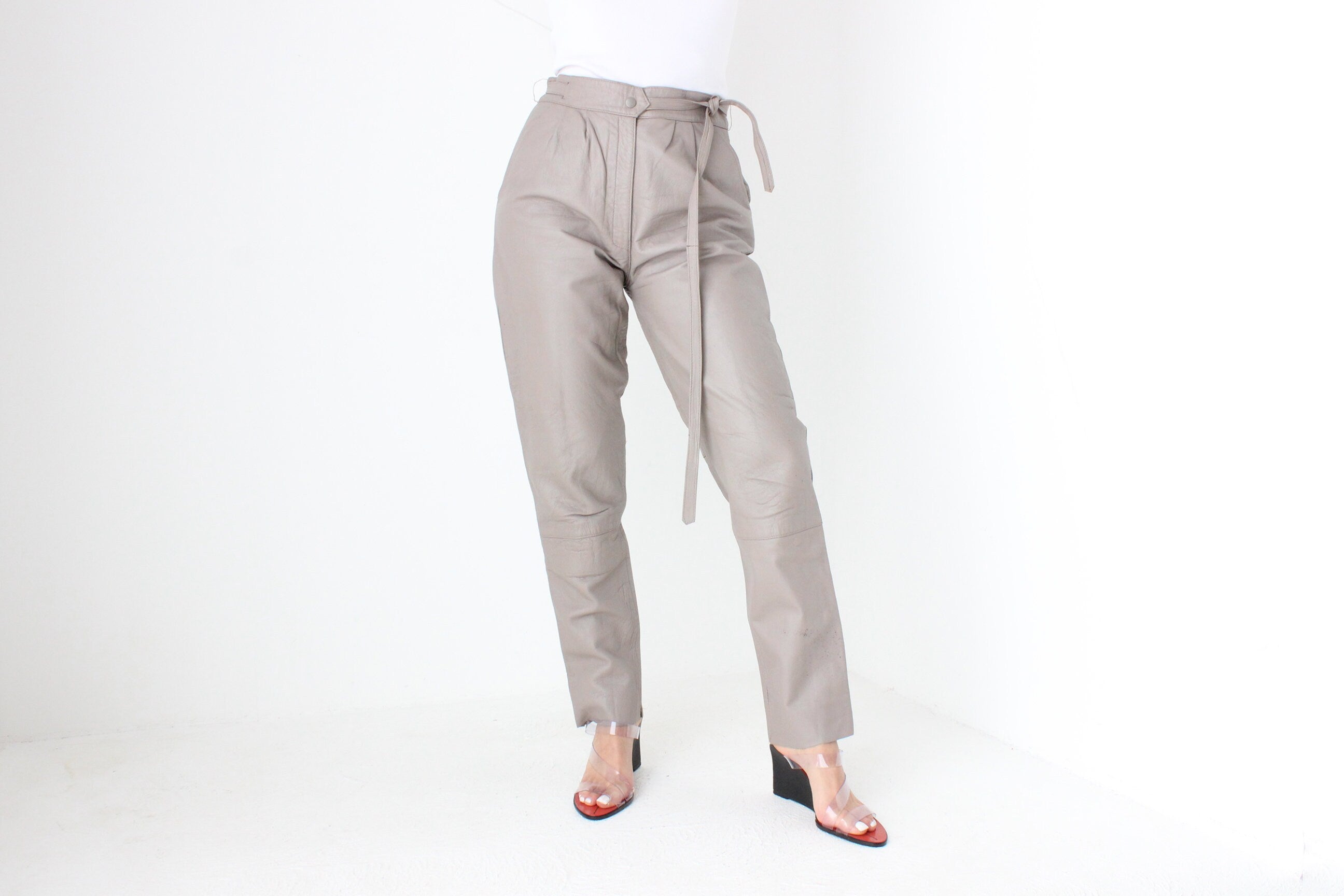 BALLETCORE 80s Dove Grey {Genuine Leather} Pants w/ Waist Tie