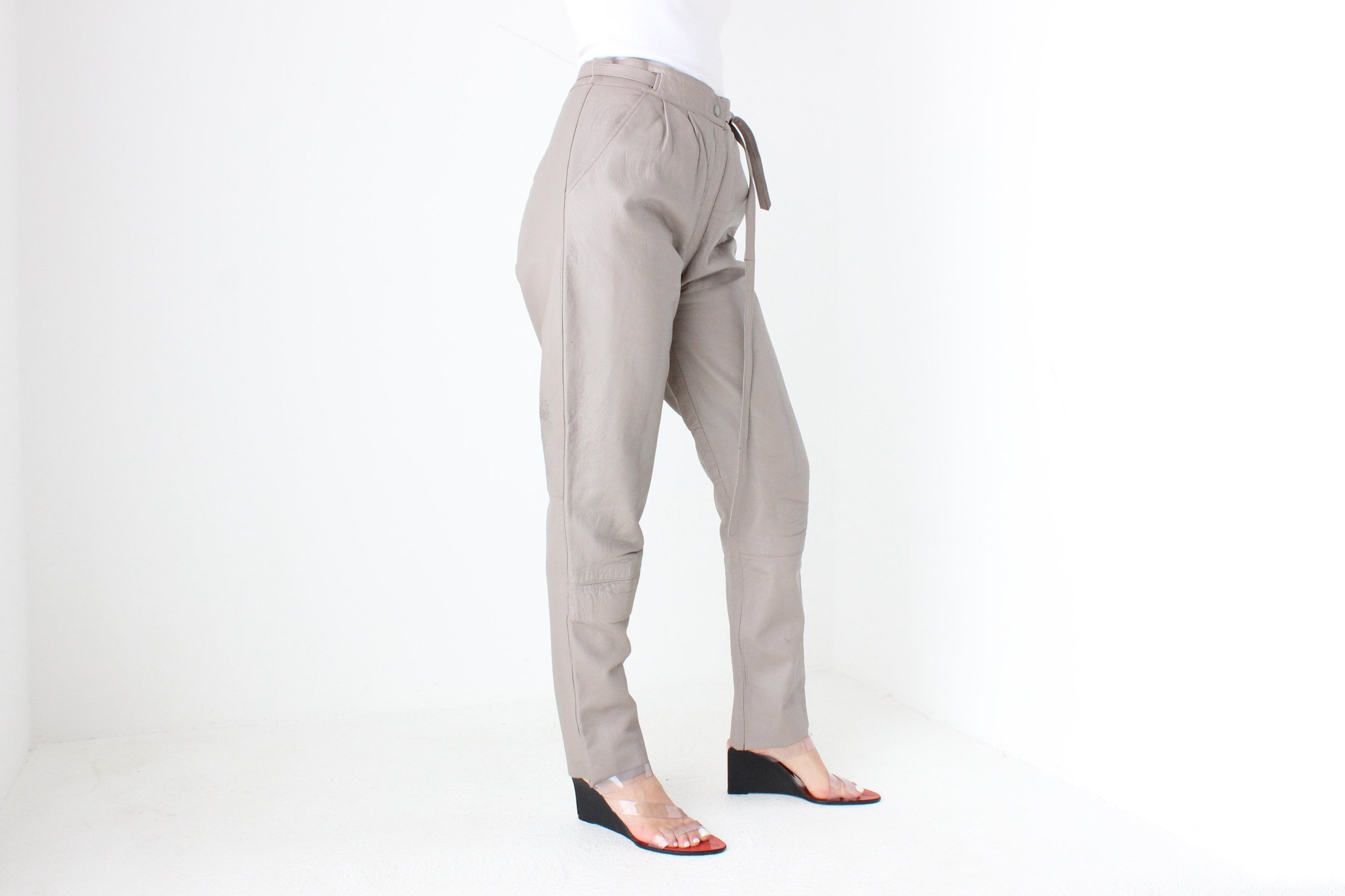 BALLETCORE 80s Dove Grey {Genuine Leather} Pants w/ Waist Tie