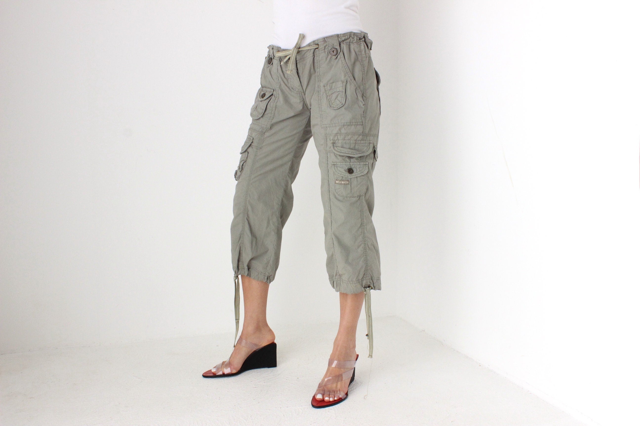 Y2K Khaki Cropped Knee Length Cargo Capri Pants