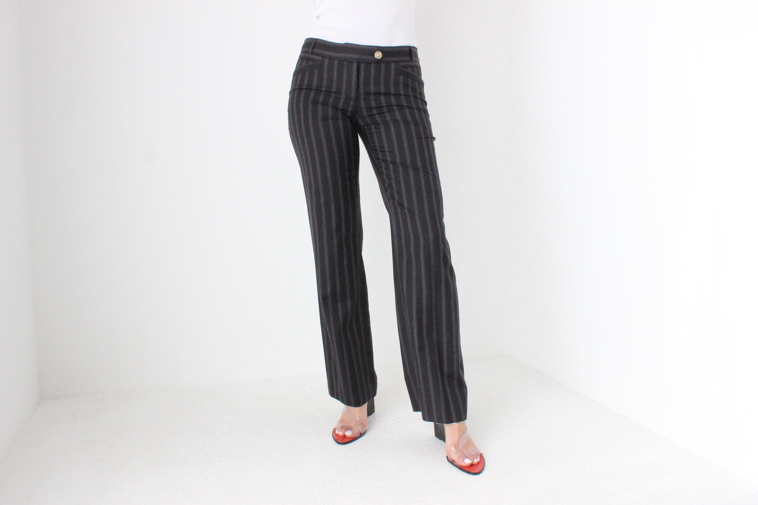 Vintage Y2K Dolce & Gabbana Pure Wool Charcoal Pinstripe Low Rise Bootcut Pants