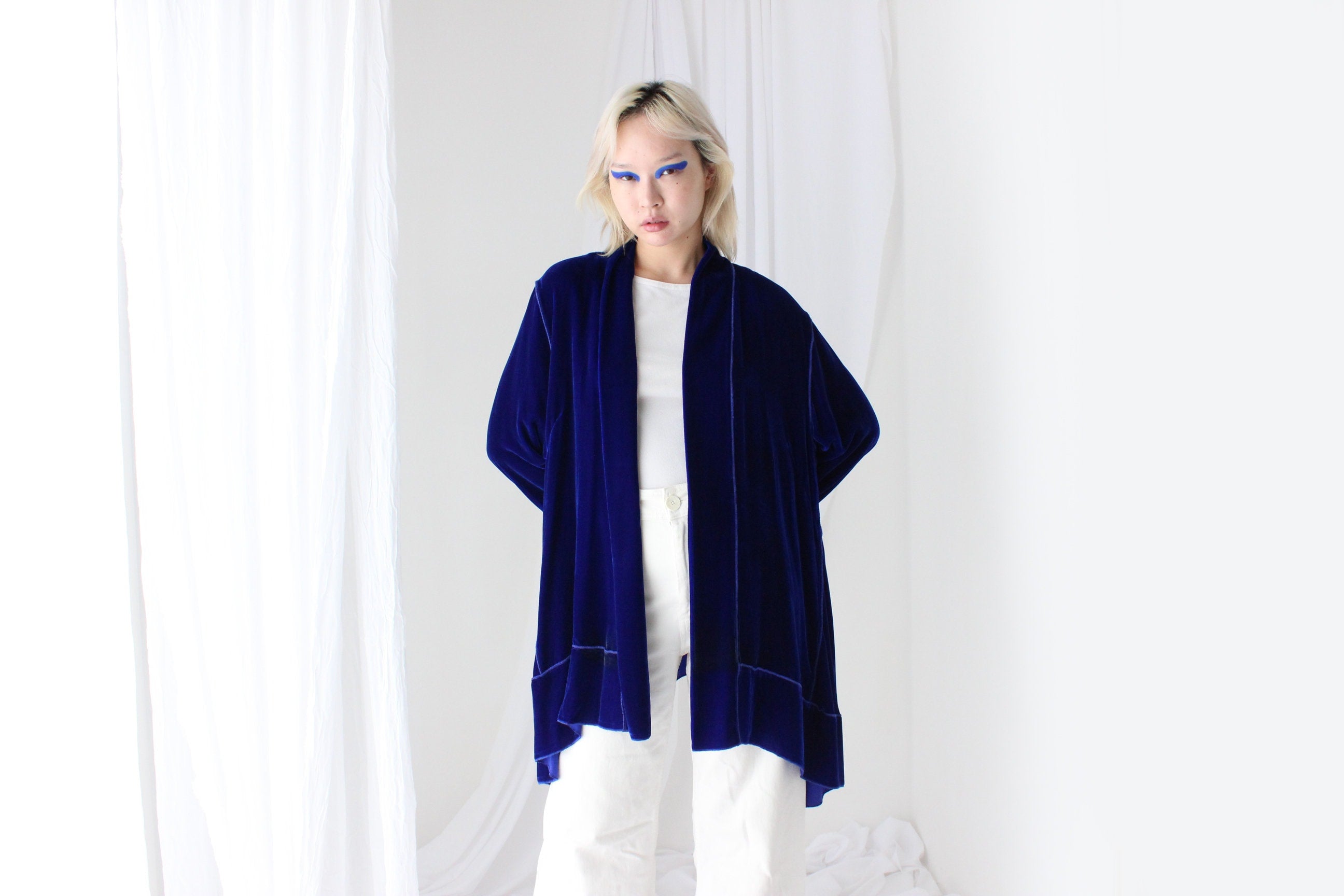 Luxury 90s PURE SILK VELVET Cobalt Kimono Robe Jacket