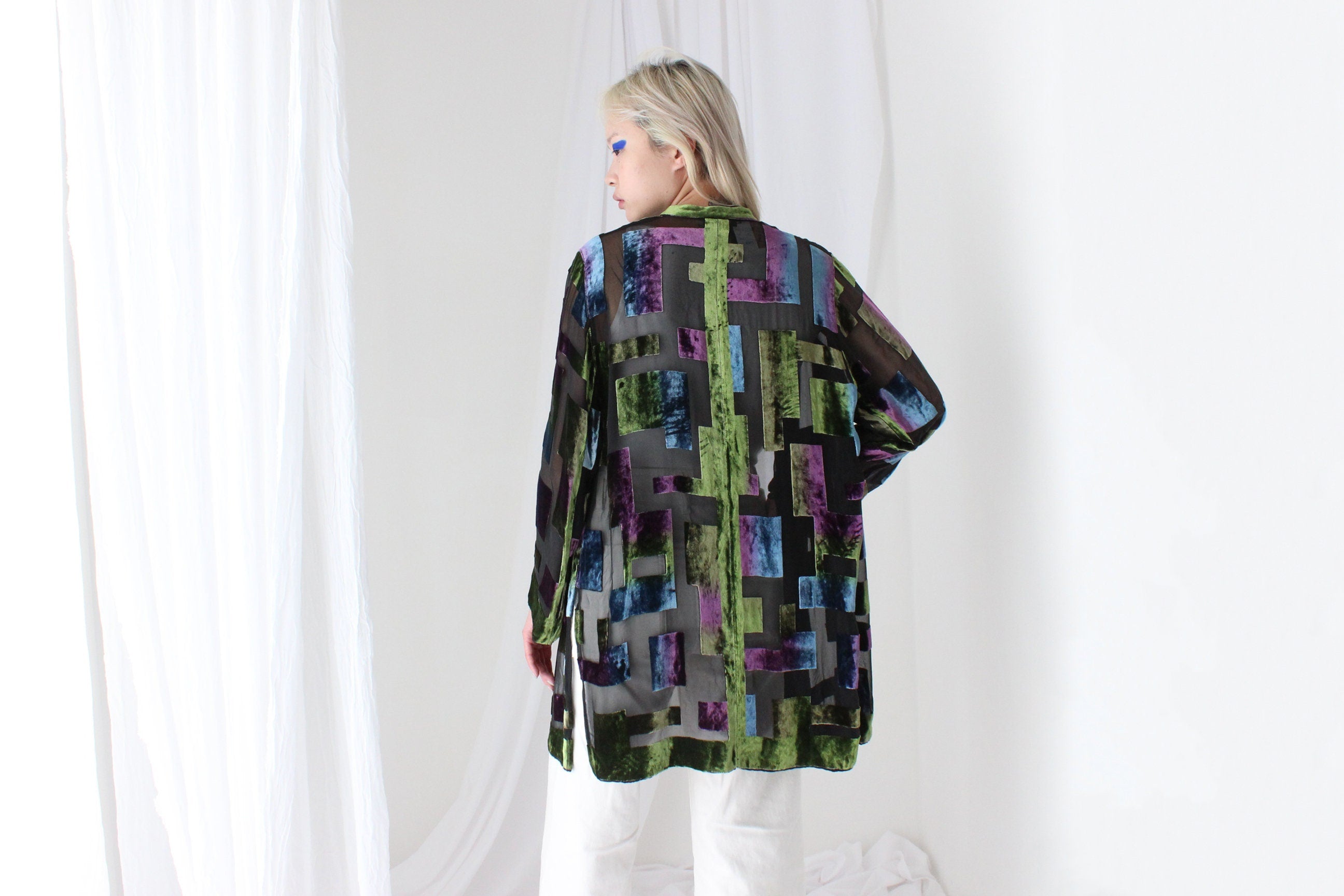 90s Luxury Silk Velvet Sheer Geometric Burnout Duster