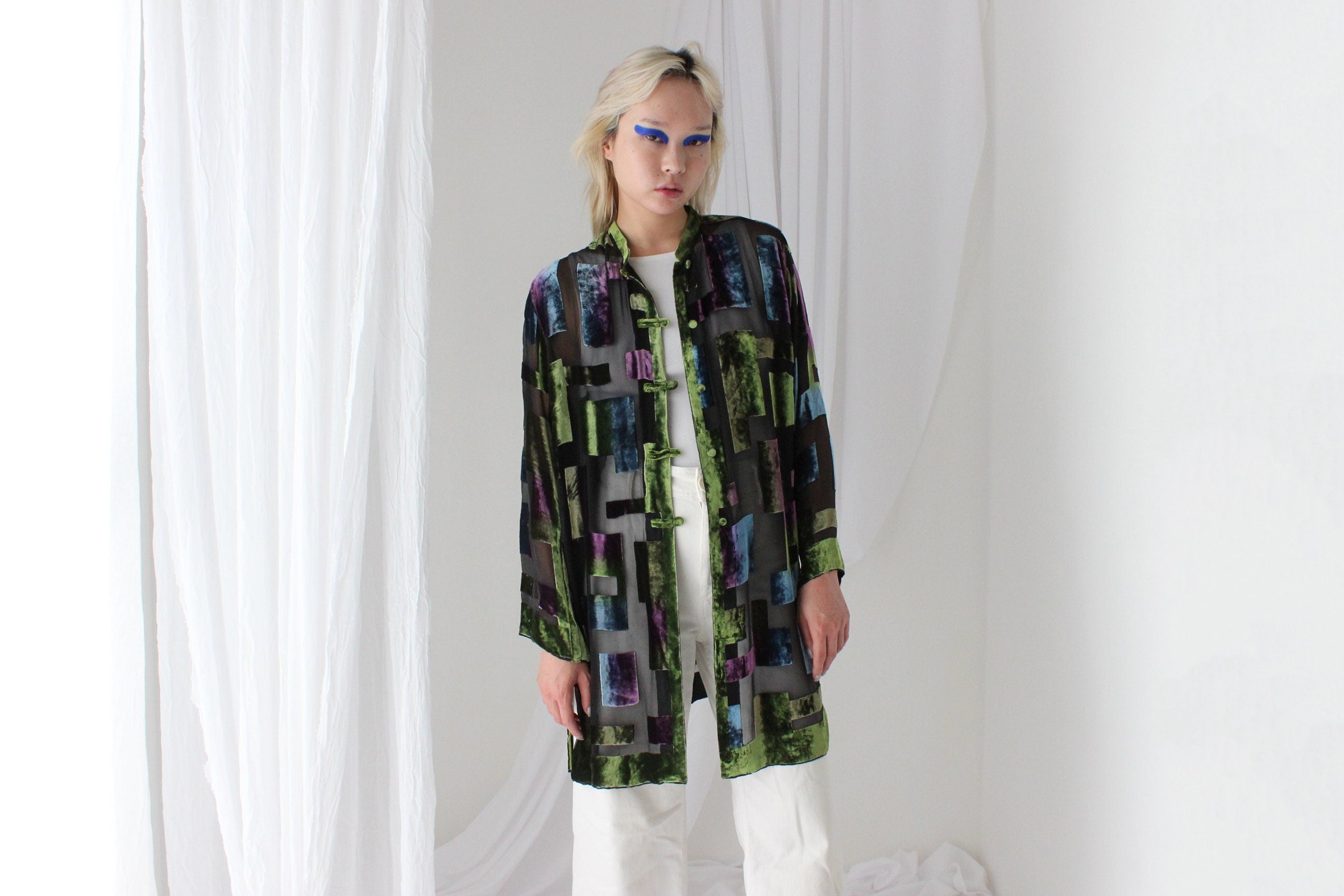 90s Luxury Silk Velvet Sheer Geometric Burnout Duster