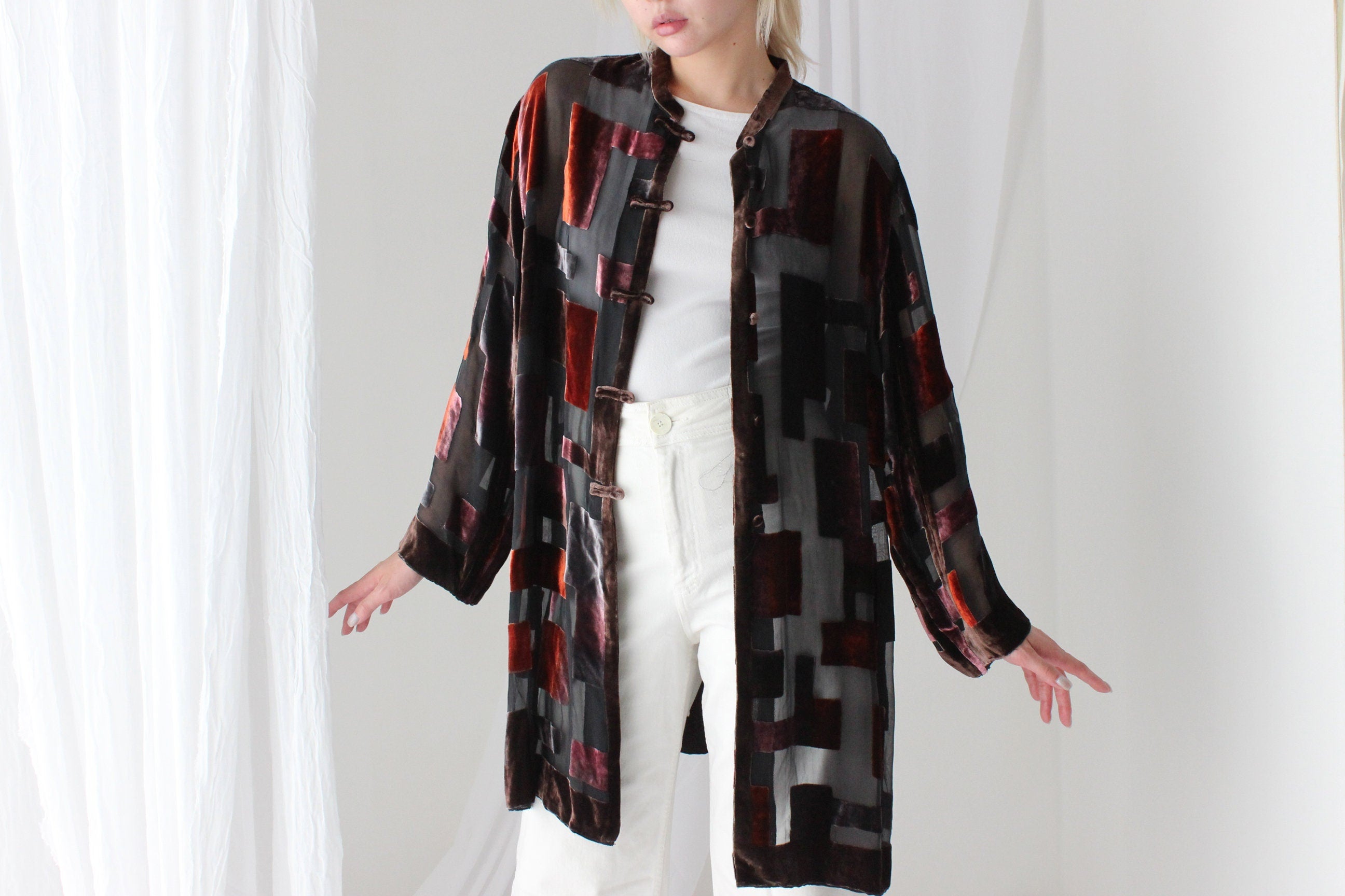 90s Luxury Silk Velvet Sheer Geometric Burnout Duster