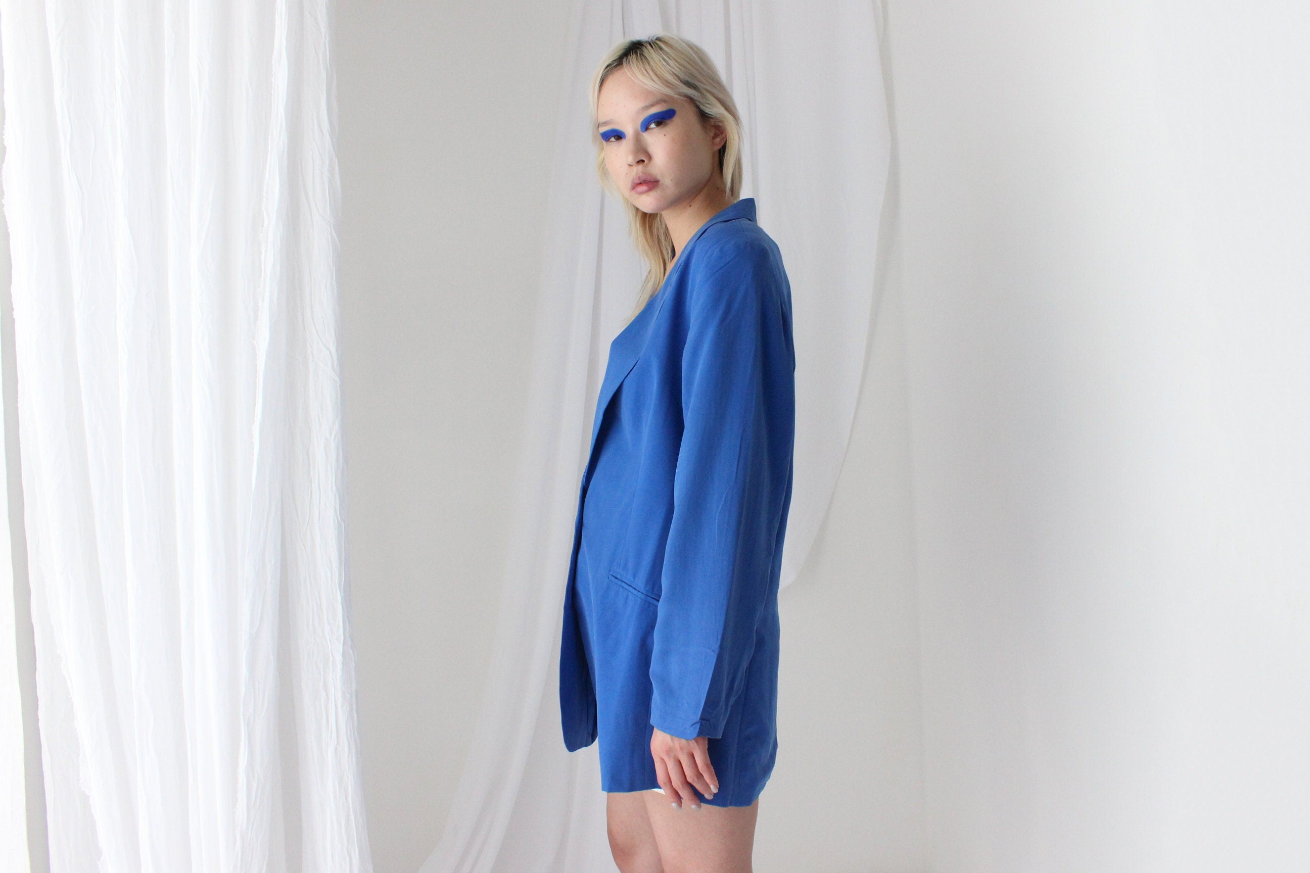 80s Pure Silk Cobalt Blue Boxy Suit Blazer / Mini