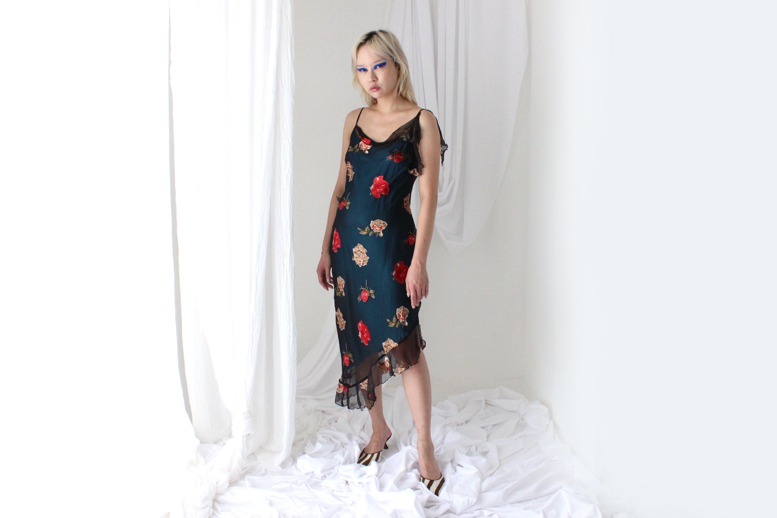 Y2K PURE SILK Asymmetric Slip Dress w/ Satin Roses