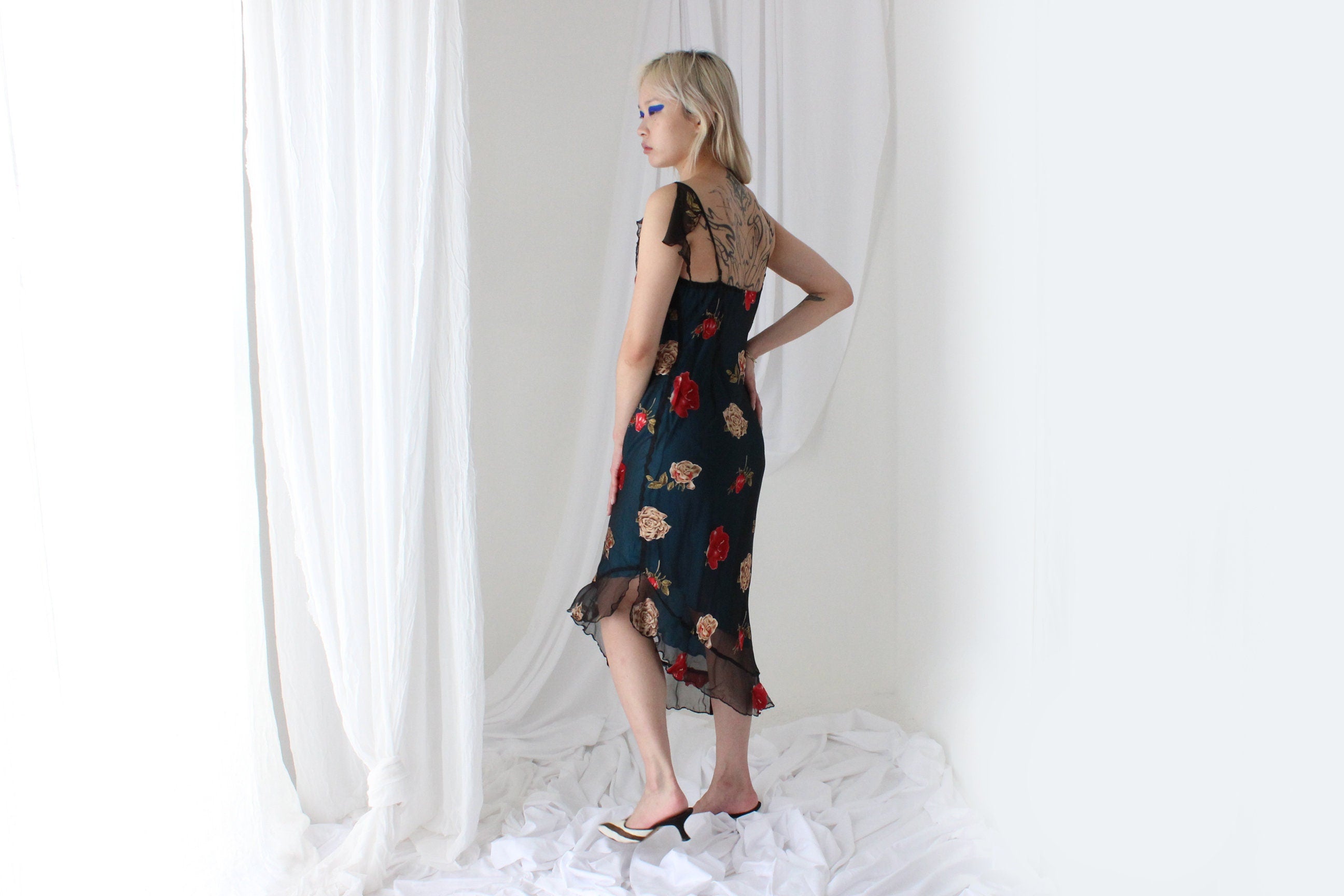 Y2K PURE SILK Asymmetric Slip Dress w/ Satin Roses