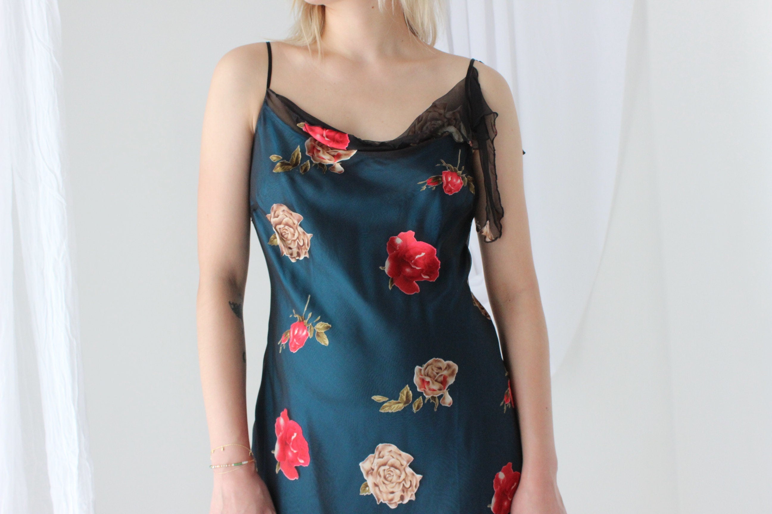 Y2K PURE SILK Asymmetric Slip Dress w/ Satin Roses