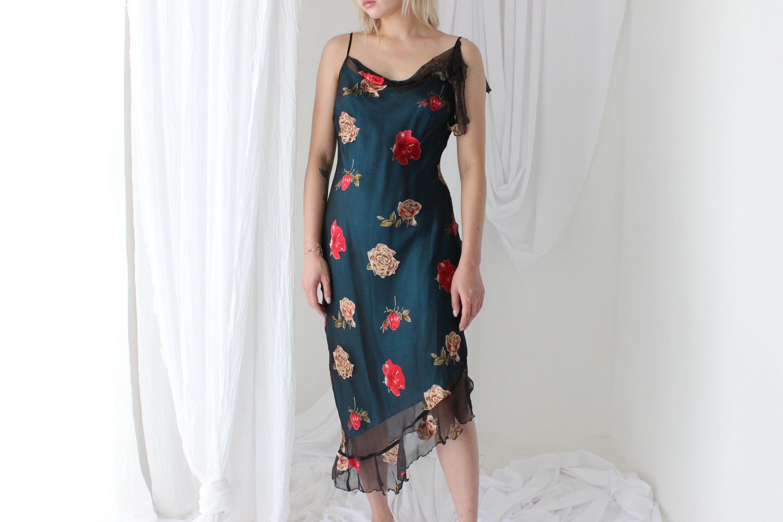 Y2K PURE SILK Asymmetric Slip Dress w/ Satin Roses