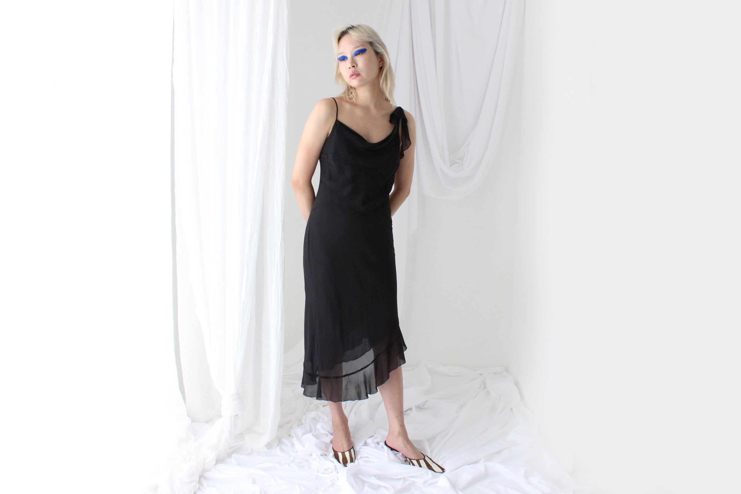 Y2K PURE SILK Black Beaded Chiffon Asymmetric Cocktail Dress