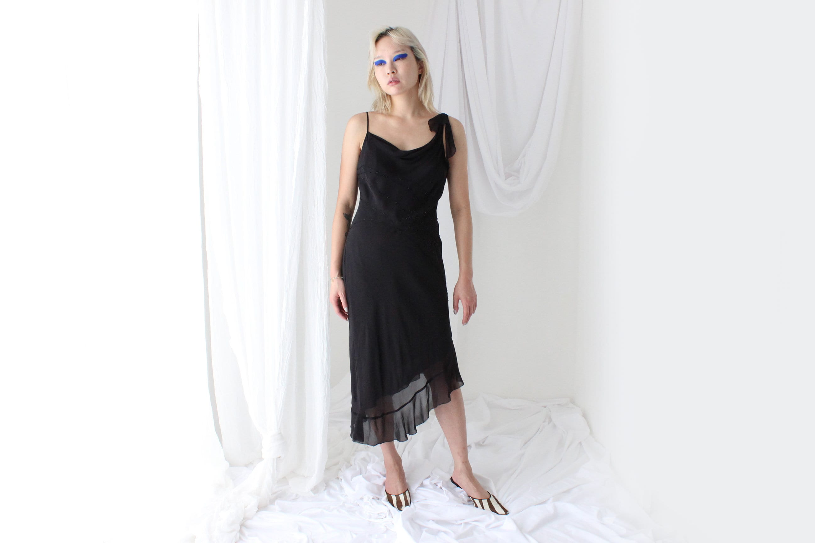 Y2K PURE SILK Black Beaded Chiffon Asymmetric Cocktail Dress