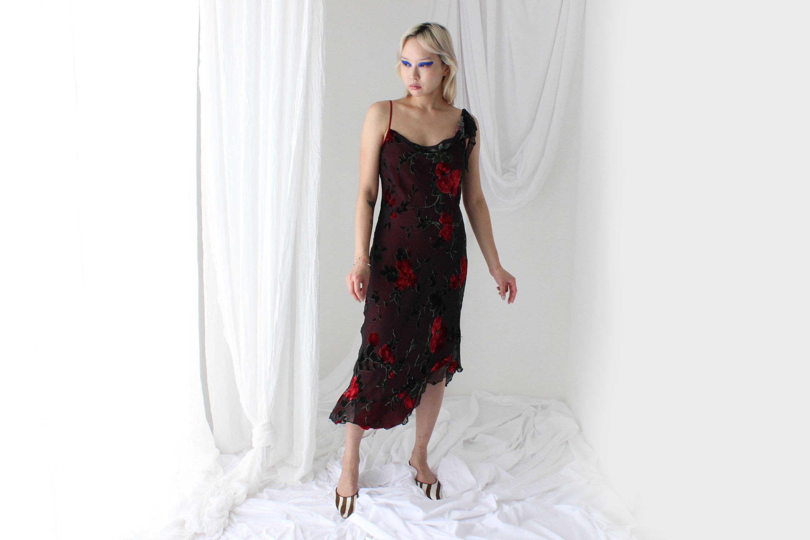Y2K PURE SILK Rose Gothic Velvet Burnout Asymmetric Cocktail Dress